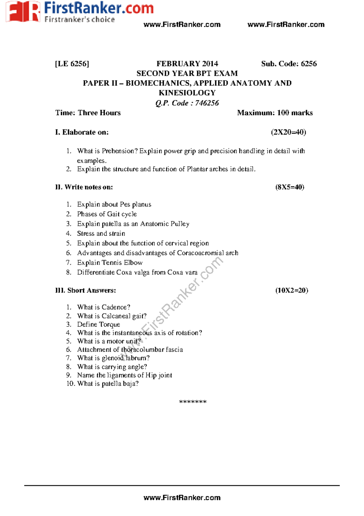 BPT 2014 2 Bachelor of Physio Therapy Biomechanics Applied Anatomy And