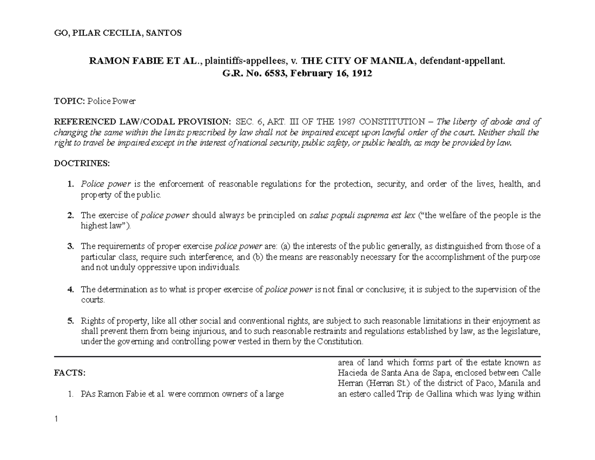 Digest - Fabie v. City of Manila (1912) - RAMON FABIE ET AL ...