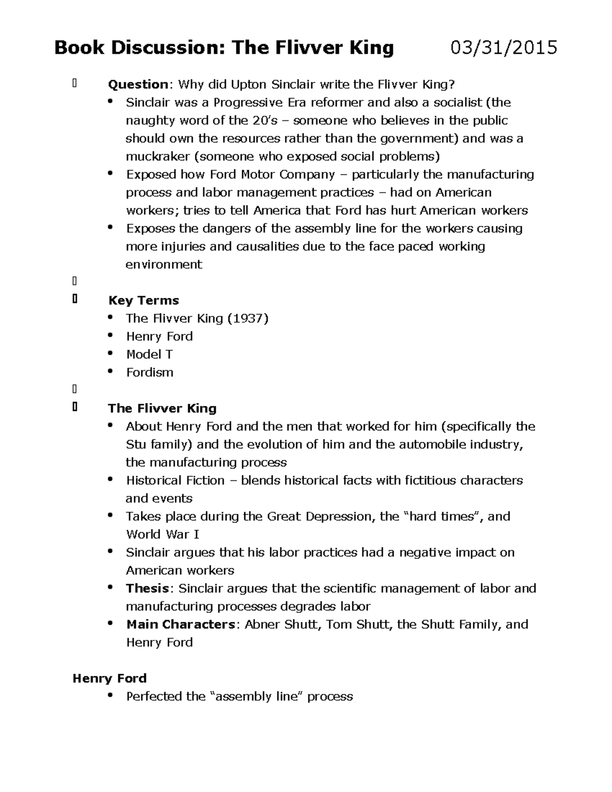 Book Discussion The Flivver King Studocu