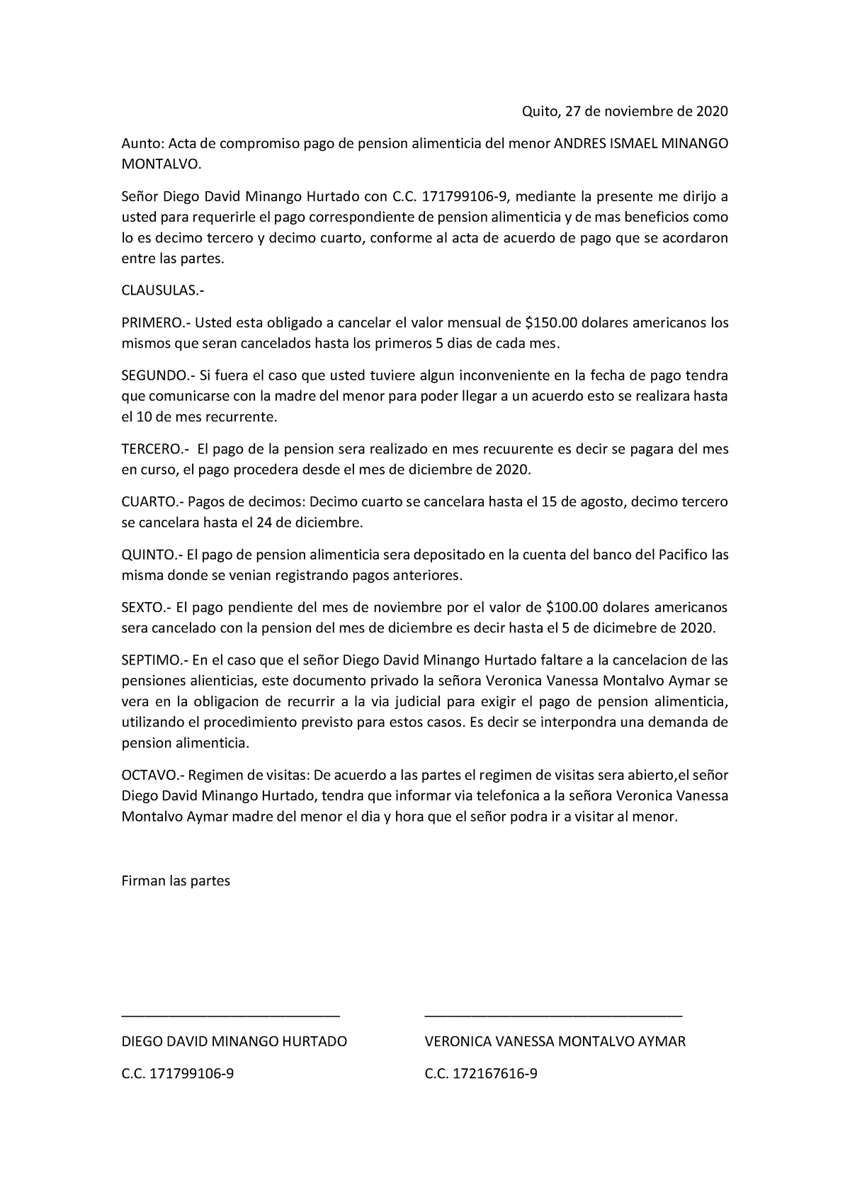 ACTA DE Compromiso Pension - Quito, 27 de noviembre de 2020 Aunto: Acta de compromiso  pago de - Studocu