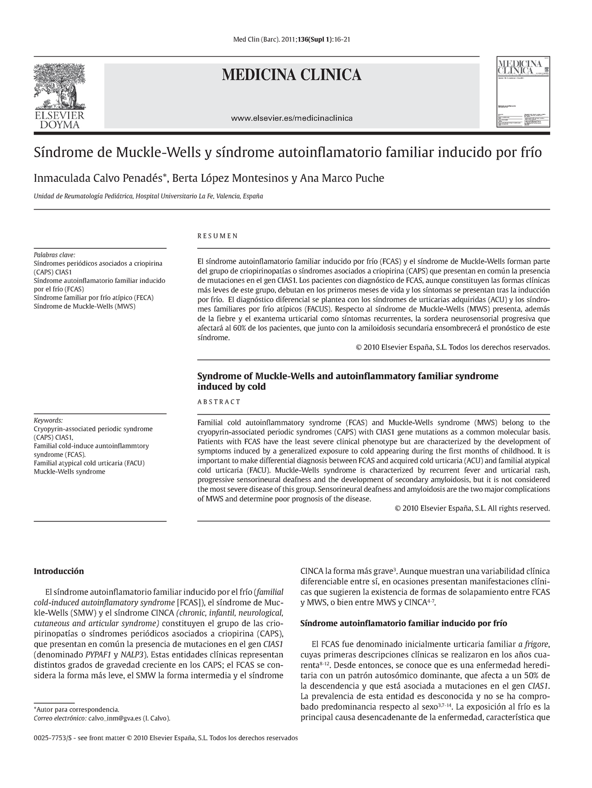 Síndrome de Muckle-Wells - Med Clin (Barc). 2011;136(Supl 1):16 ...