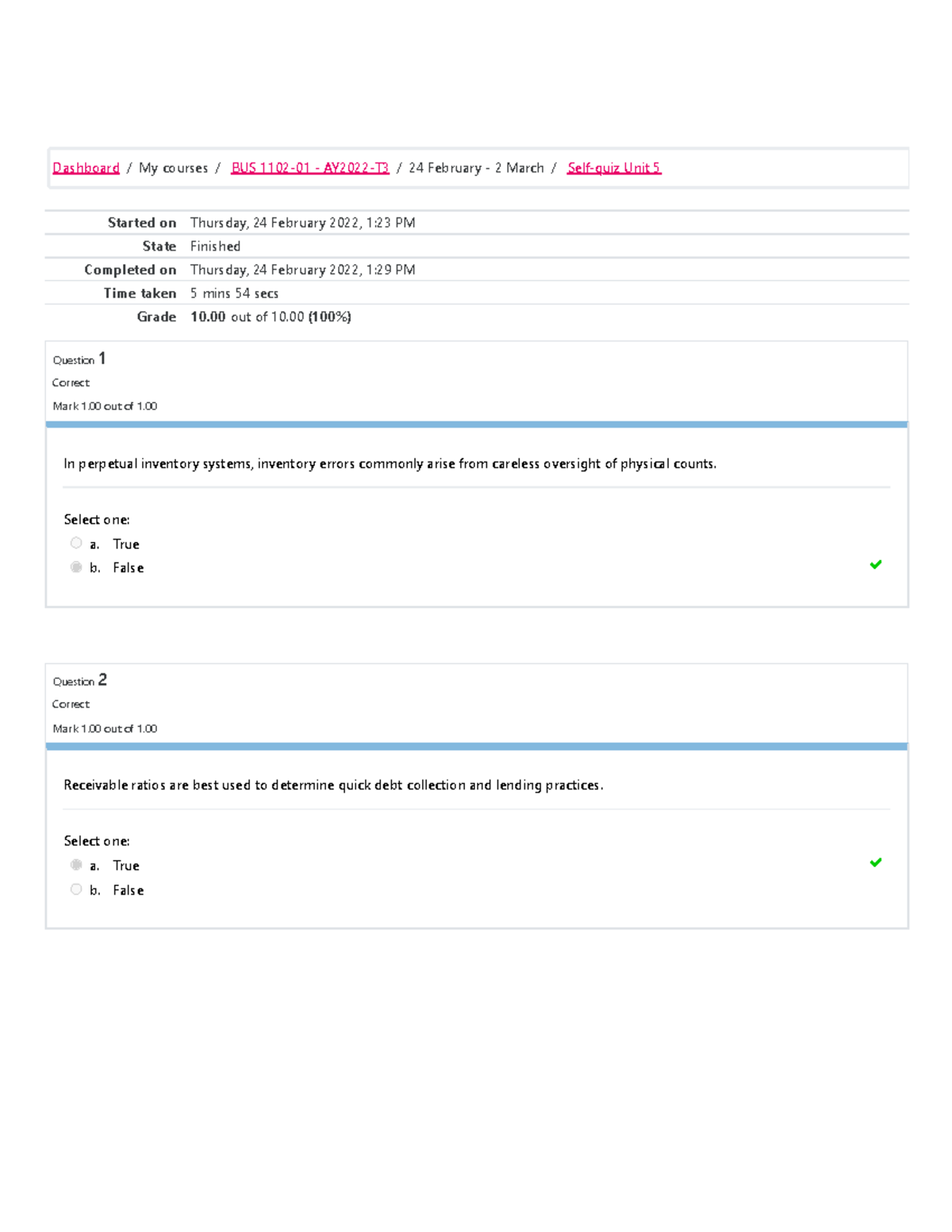 Self-quiz Unit 5 Attempt review - Dashboard My courses BUS 24 February ...