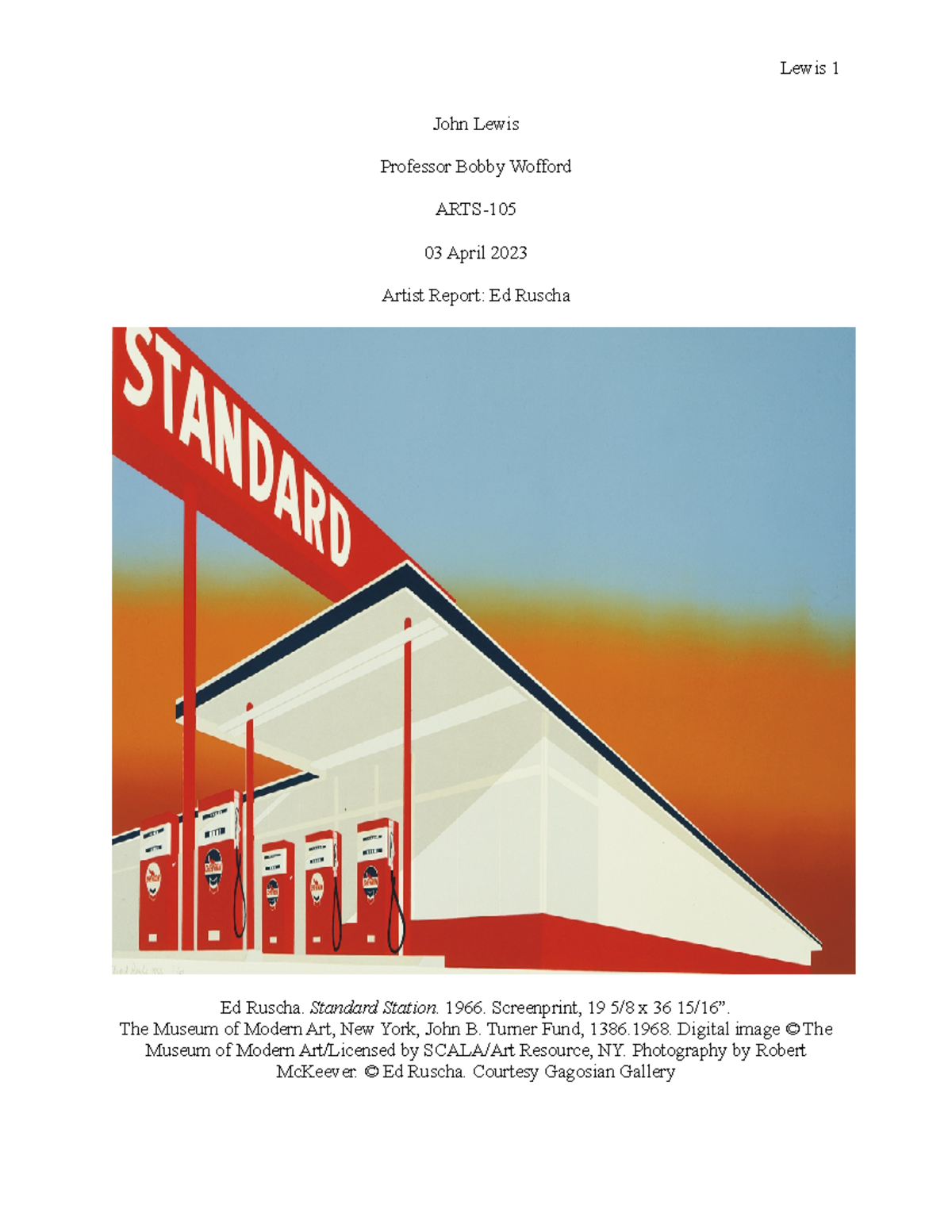 Artist Report ARTS 105 - Arts appreciation. - John Lewis Professor ...
