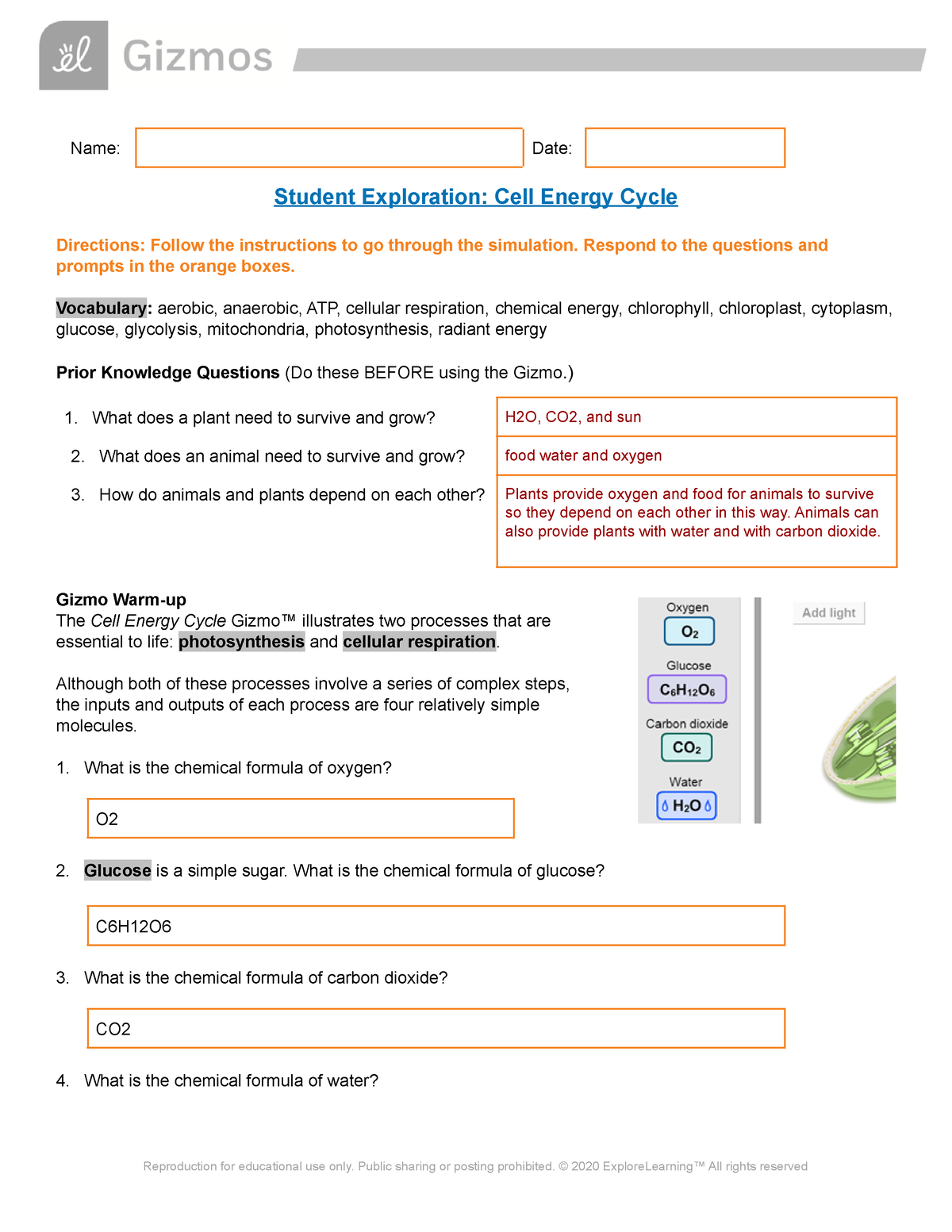 Gizmo Cell Energy SE A B - Name: Date: Student Exploration: Cell Energy ...