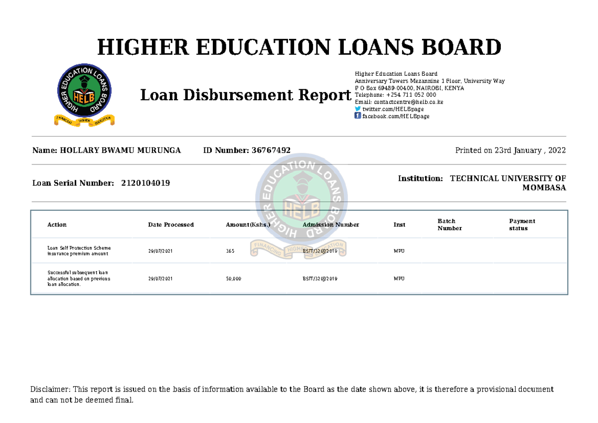 HELB Loan Disbursement Disclaimer This report is issued on the basis