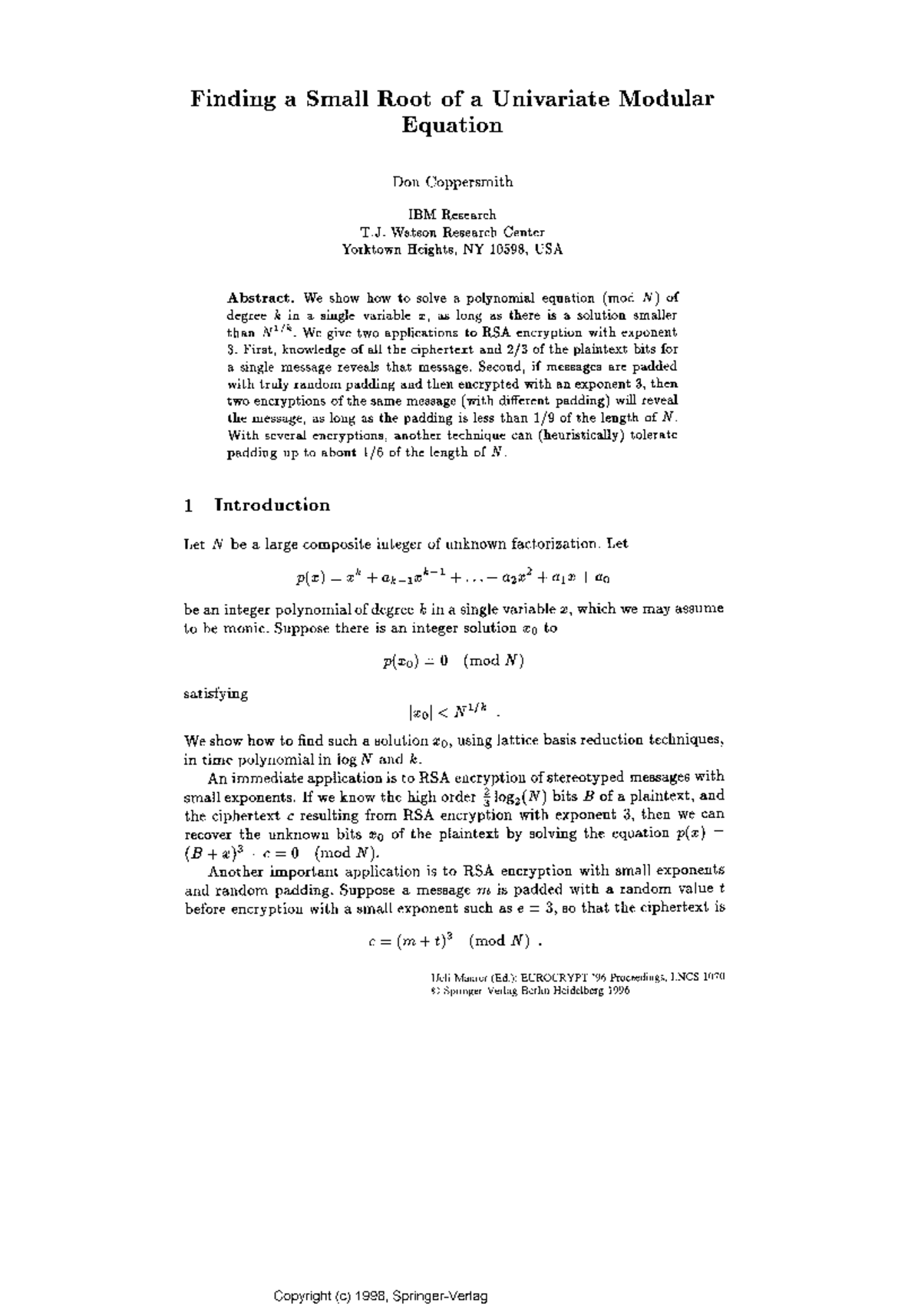 finding-a-small-root-of-a-univariate-modular-equation-finding-a-small