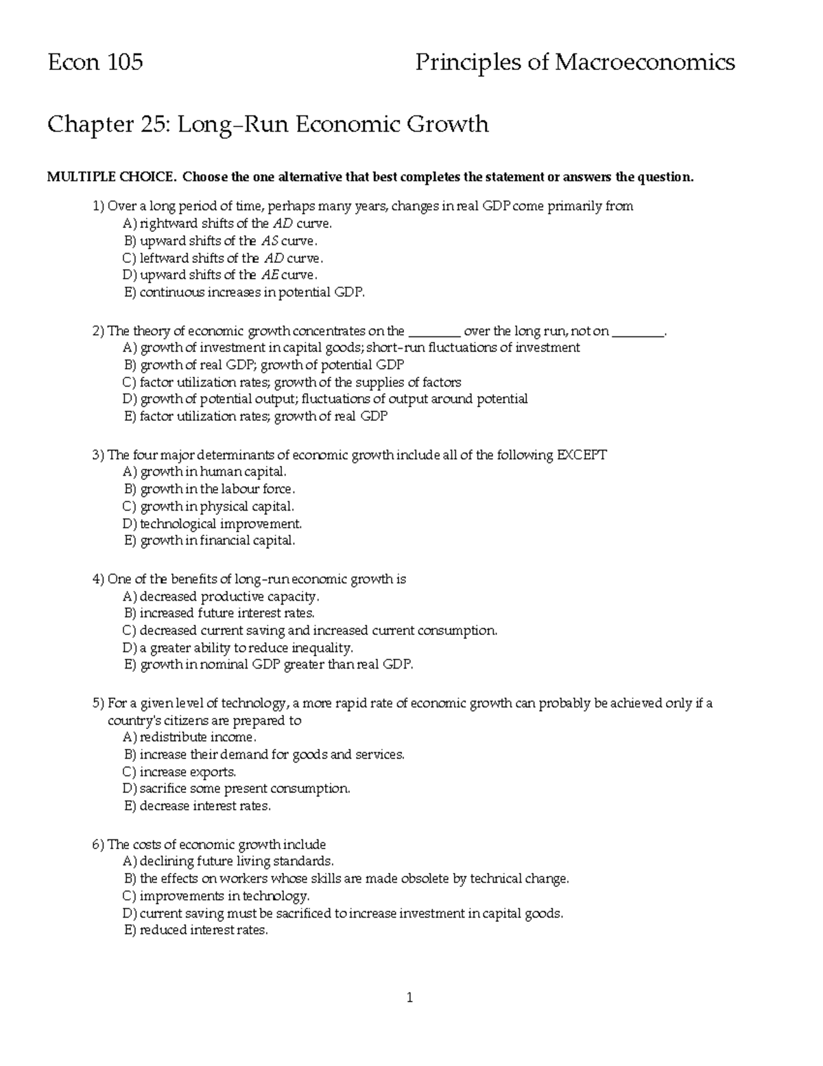 Econ 105 ch 25 practice mcq - Econ 105 Principles of - Studocu