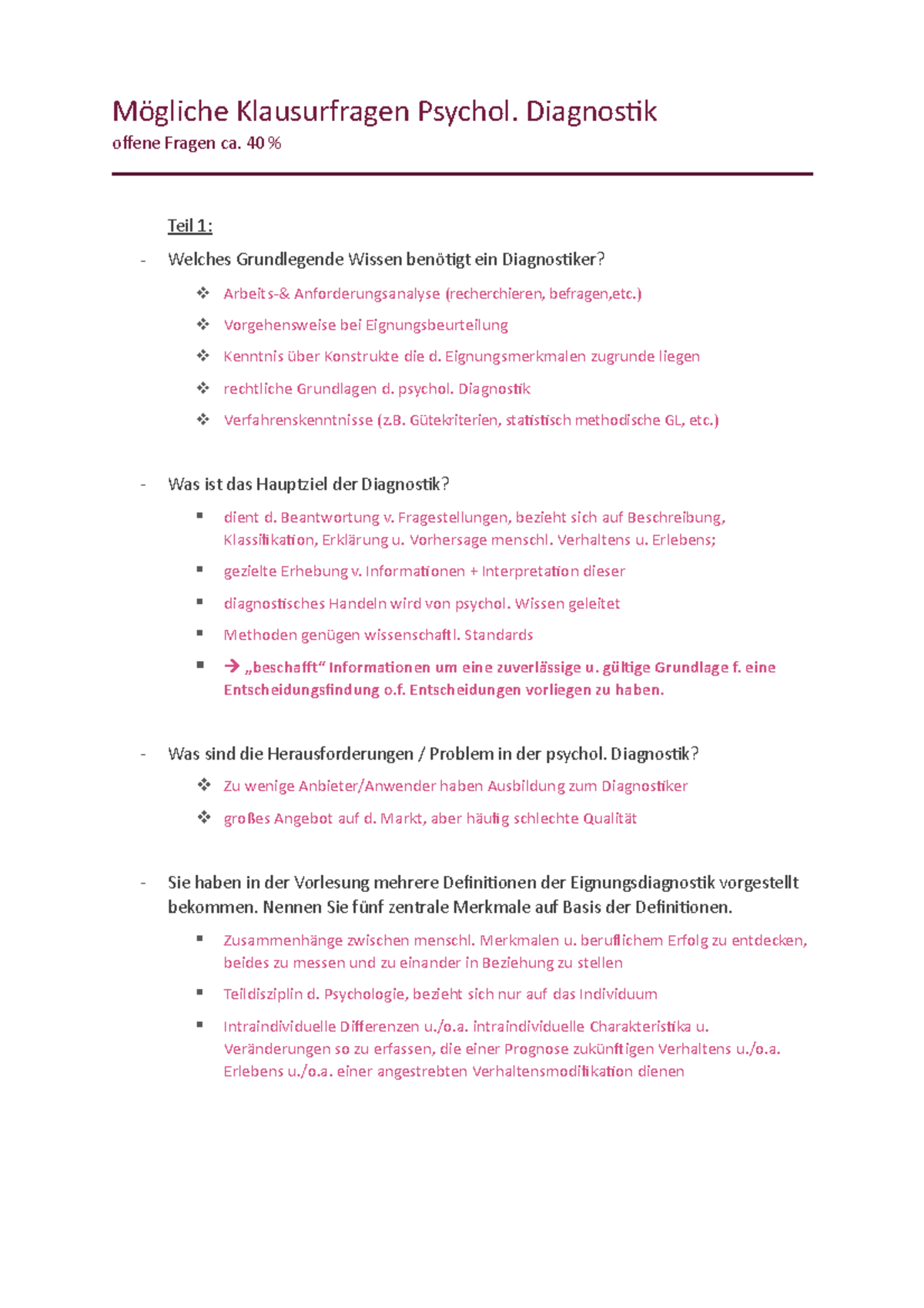 Klausurfragen Psychologische Diagnostik - Mögliche Klausurfragen ...