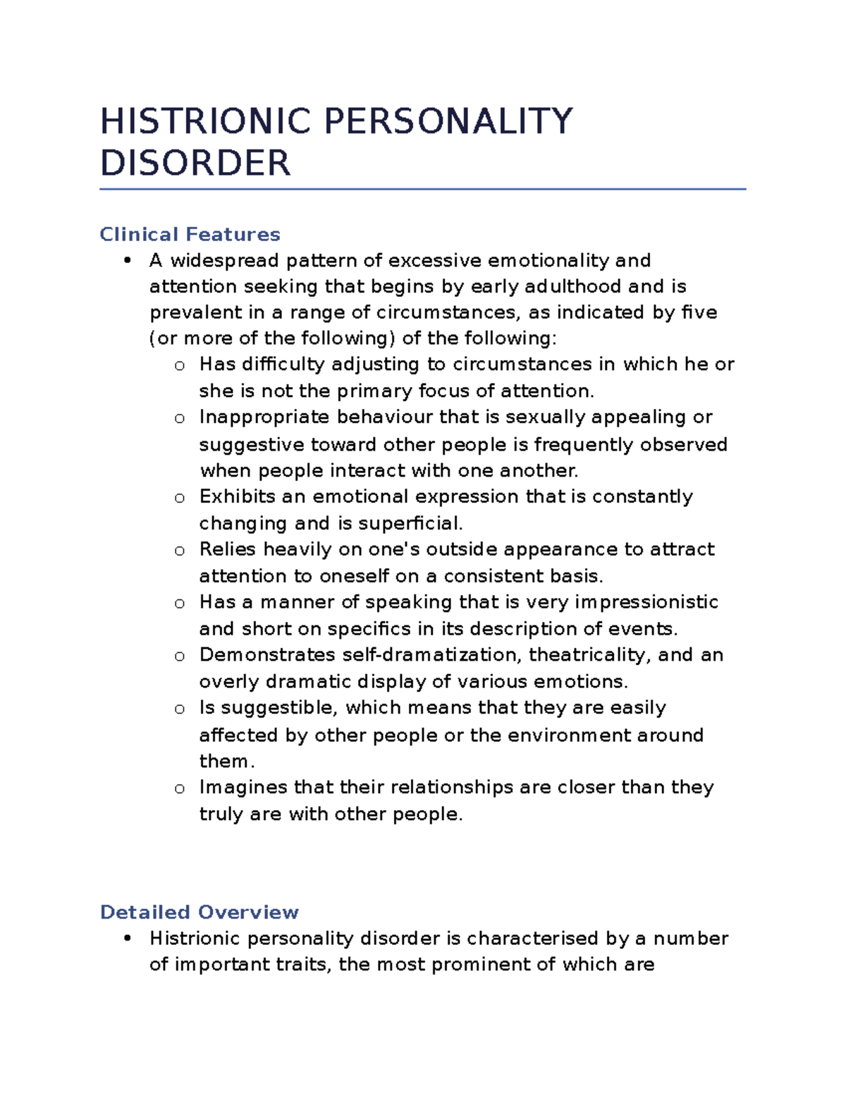 Histrionic Personality Disorder Histrionic Personality Disorder Clinical Features A Widespread 