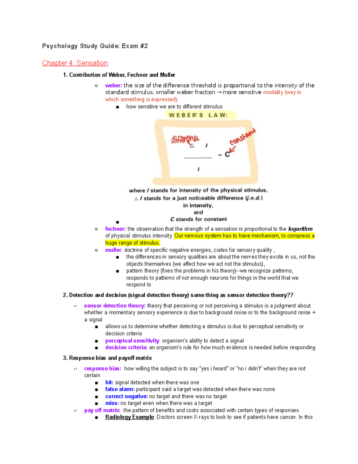 Exam 2 Review Notes - Psychology Study Guide: Exam Chapter 4: Sensation ...