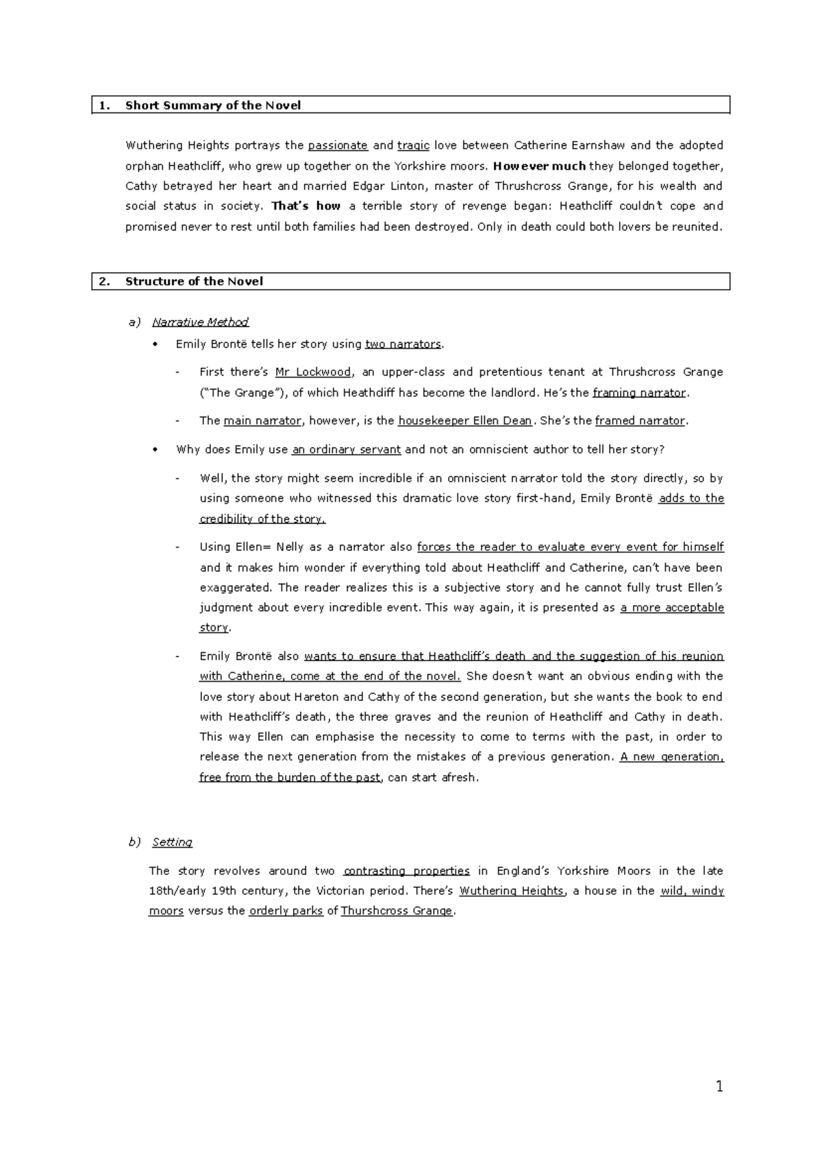 Wuthering Heights course 2023 2 Short Summary of the Novel Wuthering