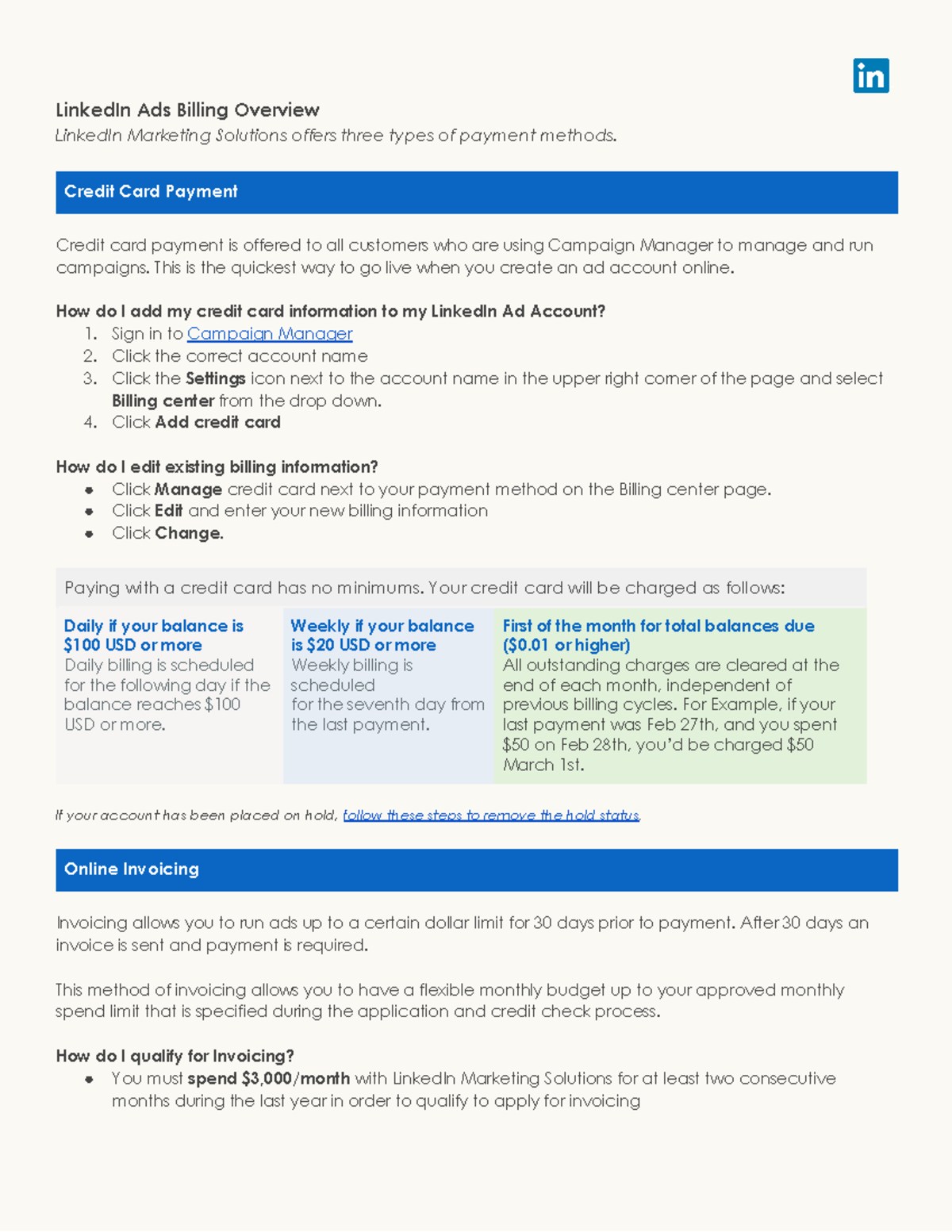 Billing Best Practices - LinkedIn Ads Billing Overview LinkedIn ...