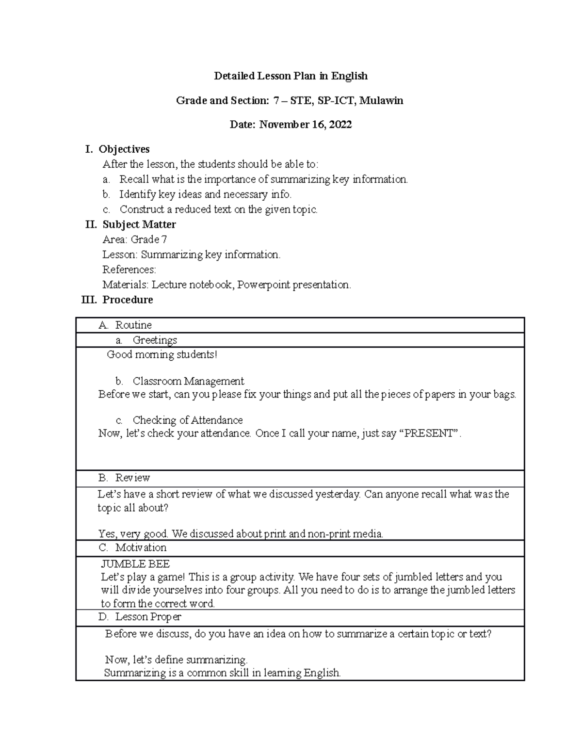 Detailed Lesson Plan in English - Objectives After the lesson, the ...