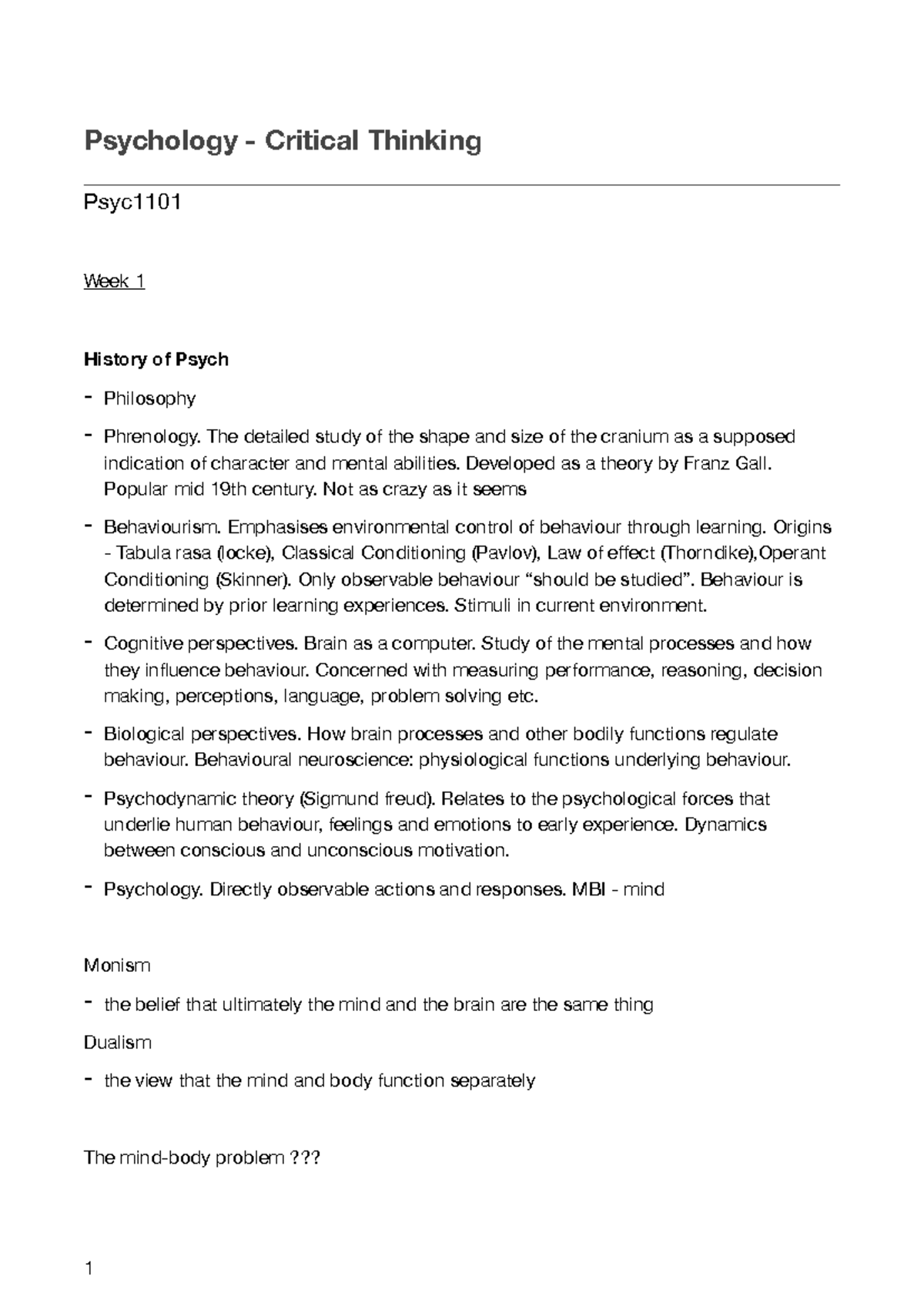 Psych 1101 - Psychology - Critical Thinking Psyc Week 1 History of ...
