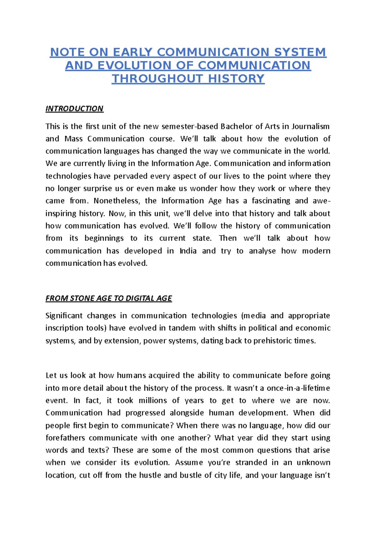 NOTE ON Early Communication System AND Evolution OF Communication