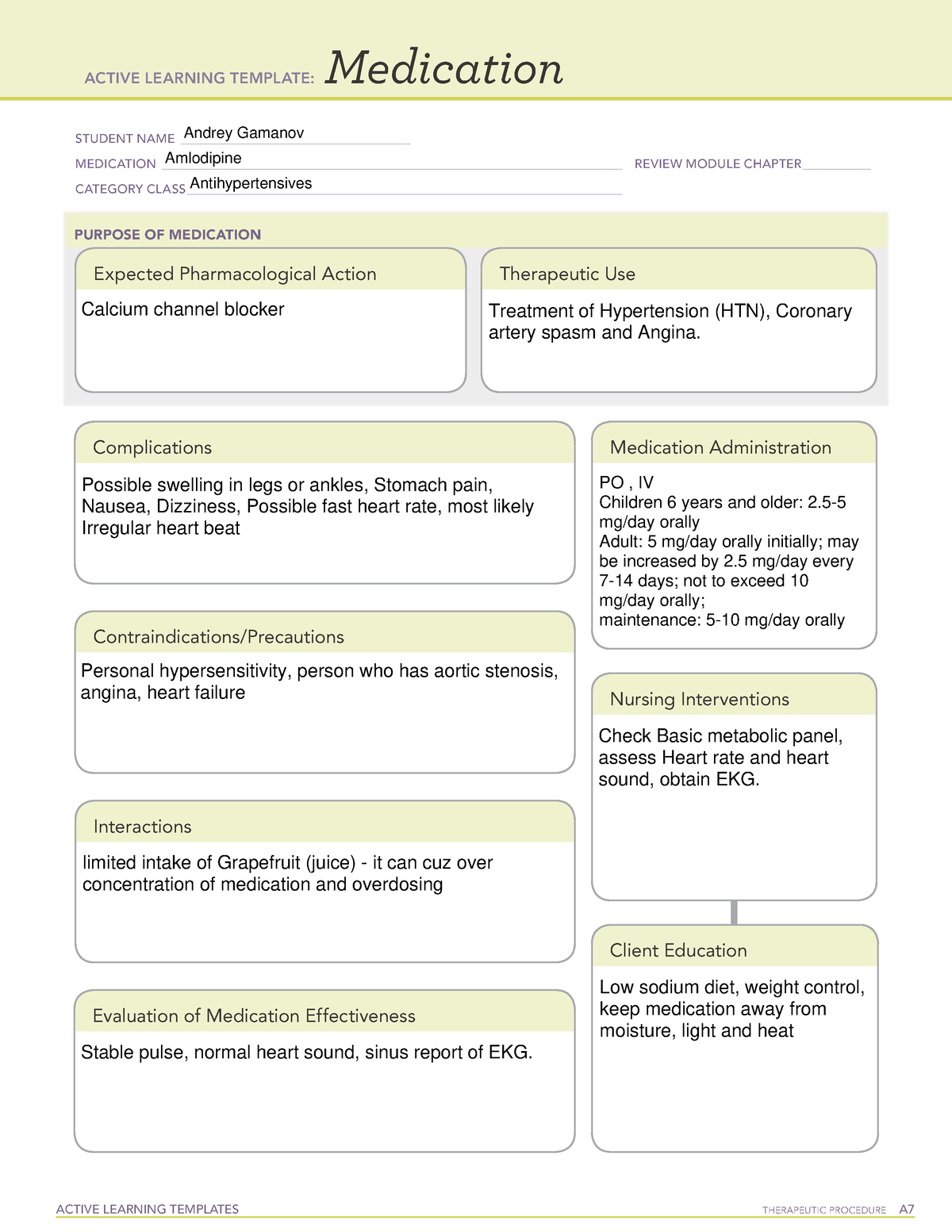 Amlodipine medication ACTIVE LEARNING TEMPLATES THERAPEUTIC