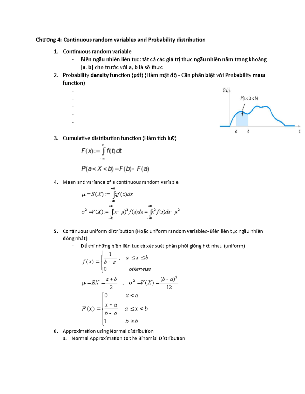 MAS291 Tổng Hợp Kiến Thức Pt2 - Ch ương 4: Contnuous Random Variables ...