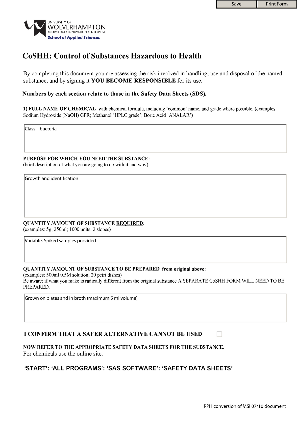 Coshh Class II bacteria 2017 - Save Print Form CoSHH: Control of ...