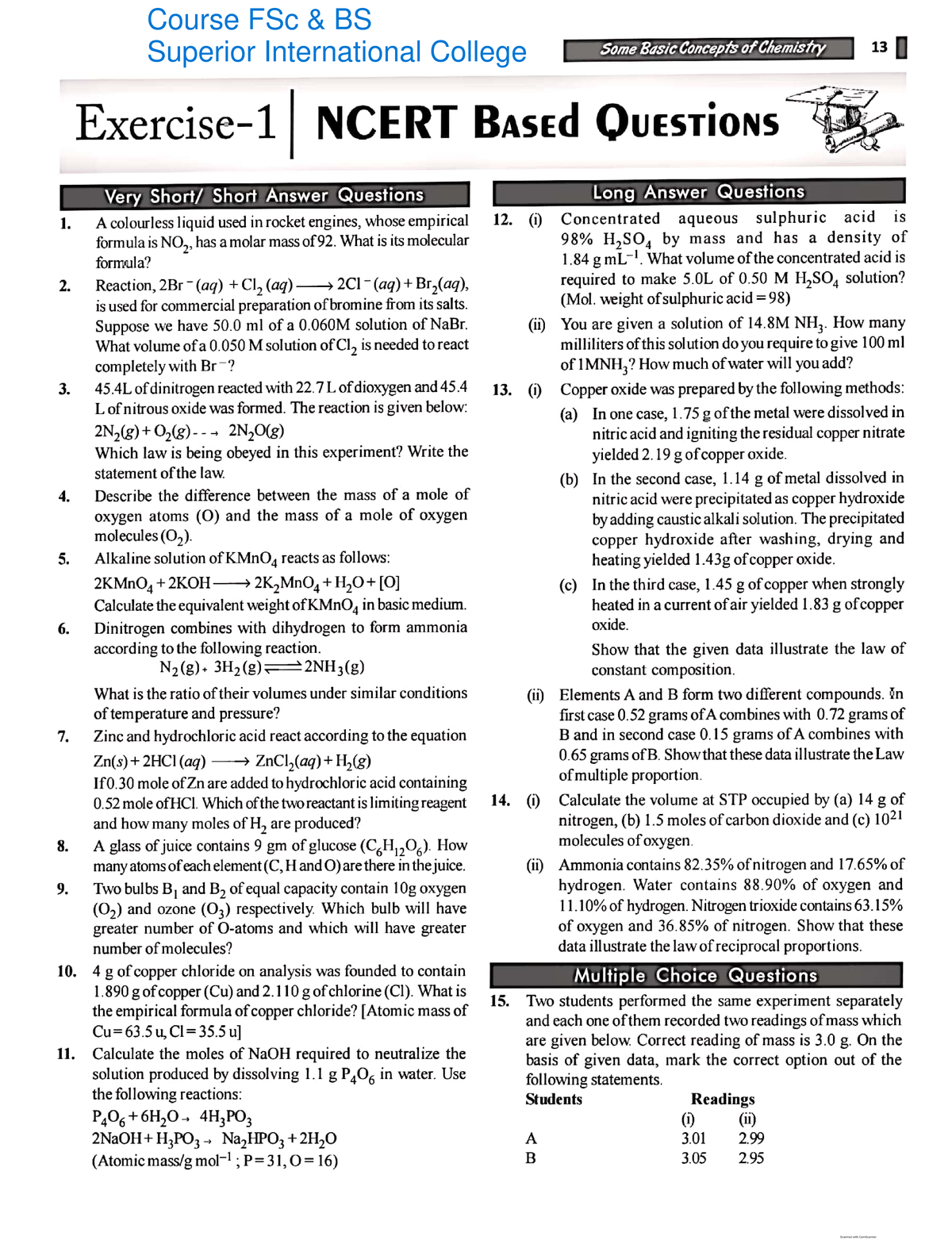 Ncert Based Questions Exercise No.1 Some Basic Concepts Of Chemistry ...