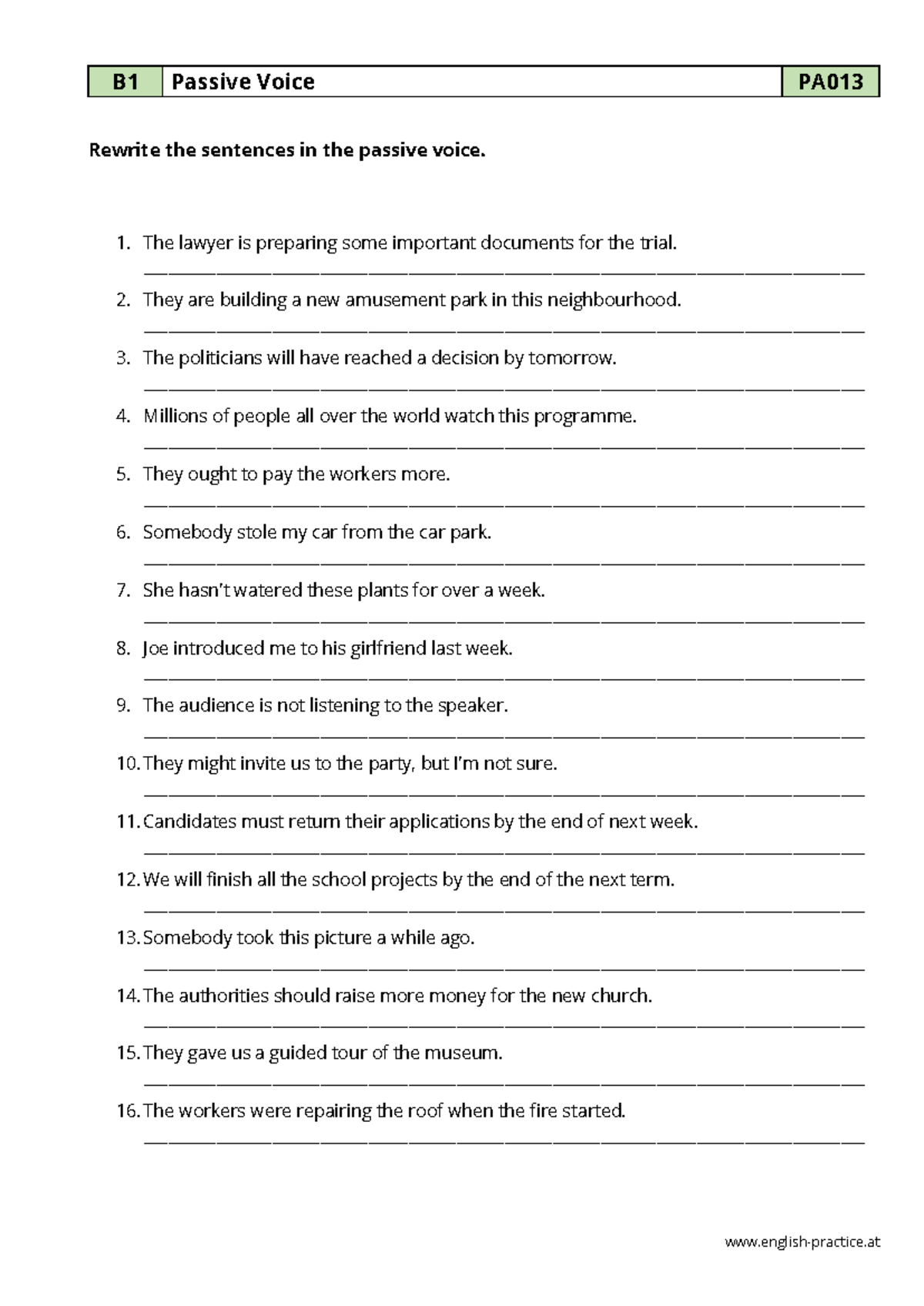 Extra Practice Passive 1 - english-practice B1 Passive Voice PA0 13 ...