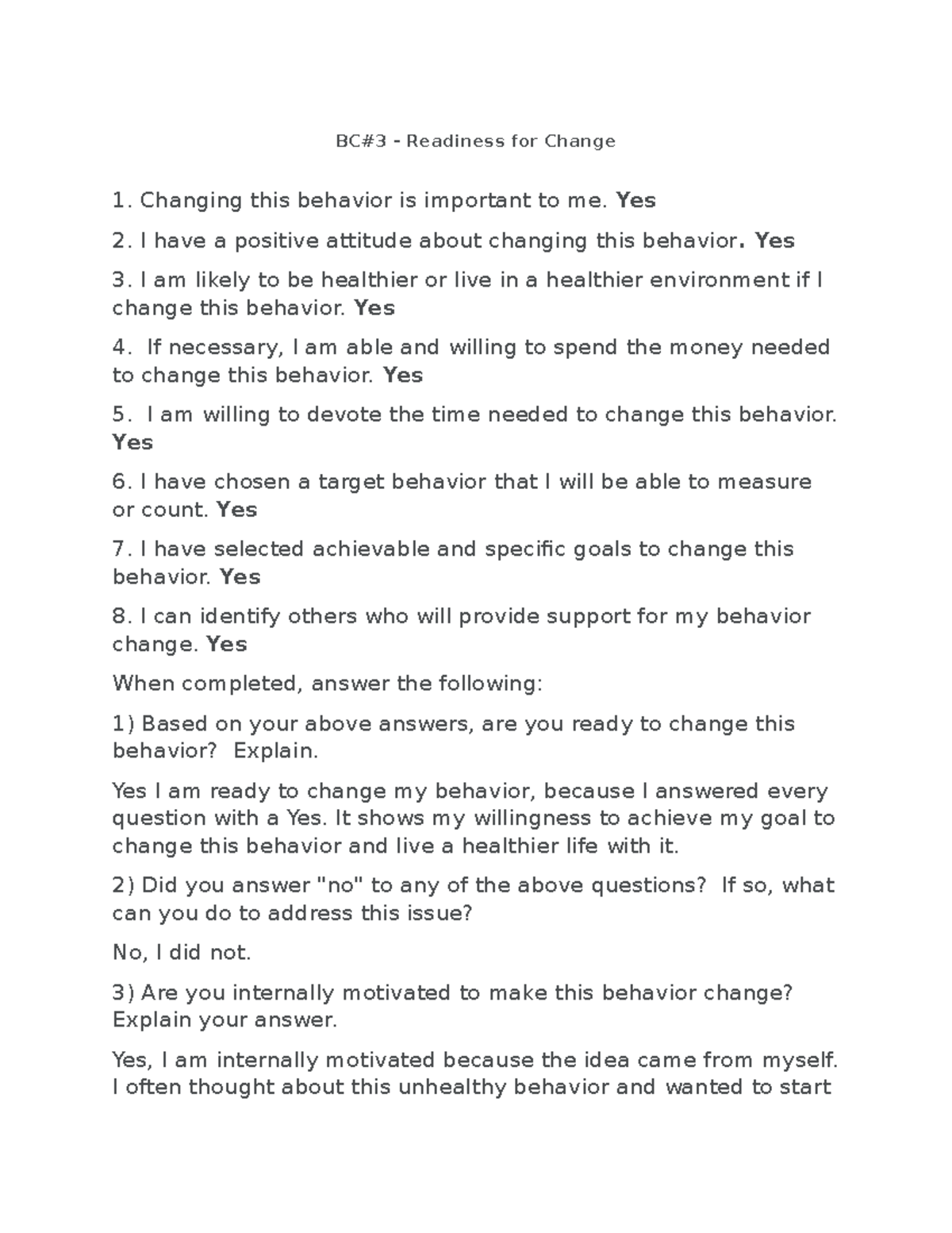 Bc 3 behavior change assignment - BC#3 - Readiness for Change Changing ...