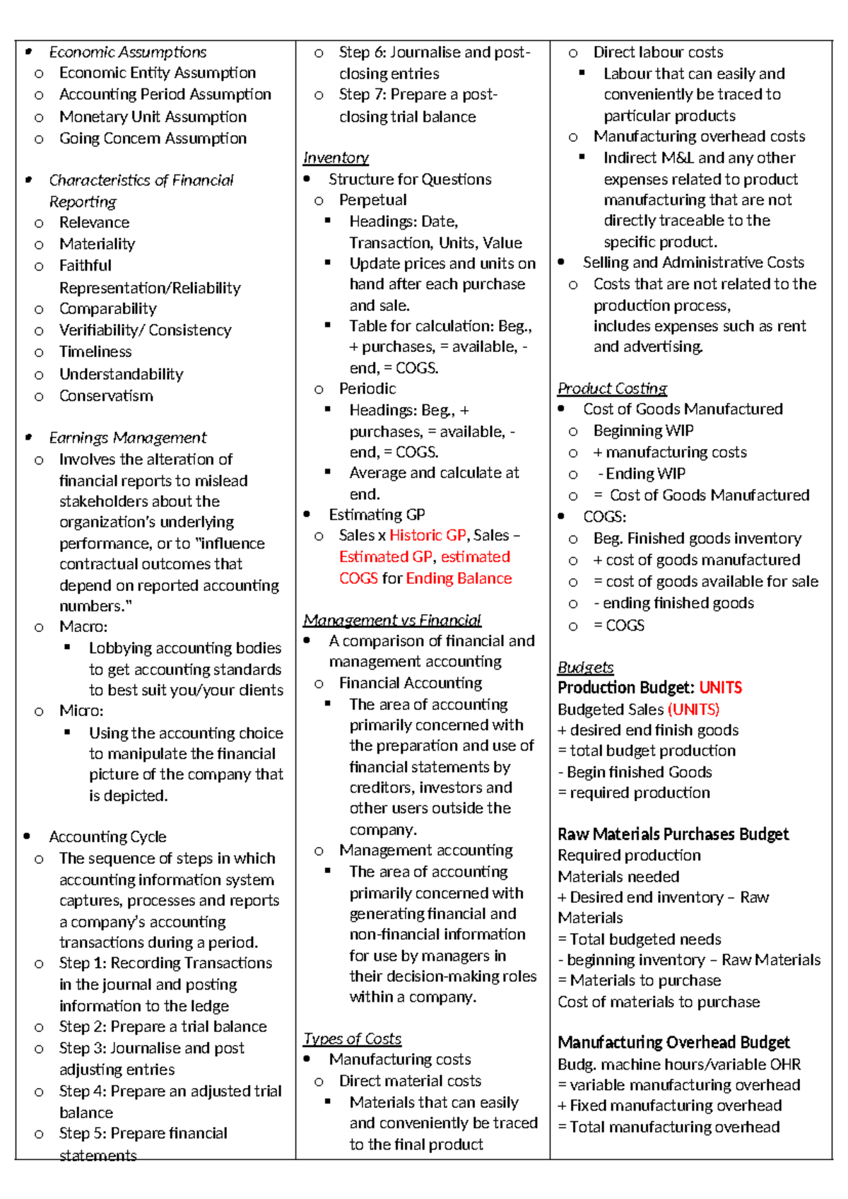 Cheat Sheet Acc A Final - Economic Assumptions o Economic Entity ...