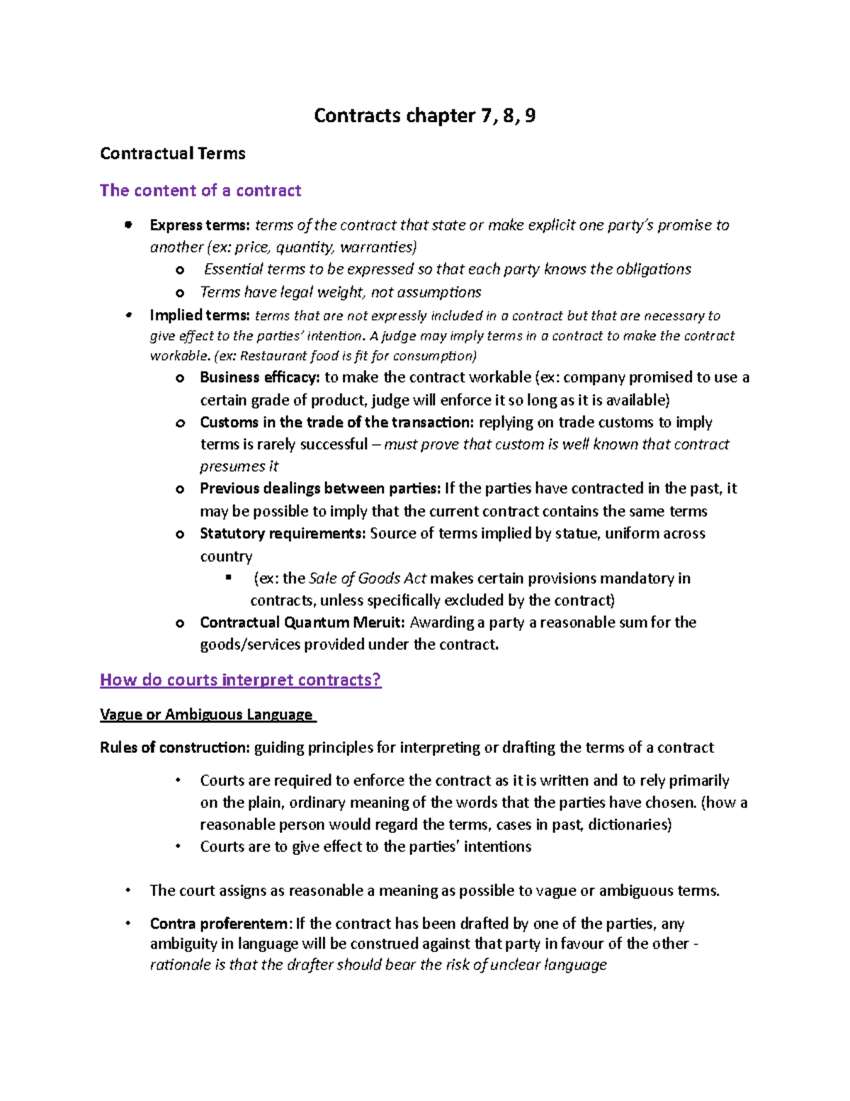 Week 3 Contracts PT 2 - Lecture notes 3-4 - Contracts chapter 7, 8, 9 ...