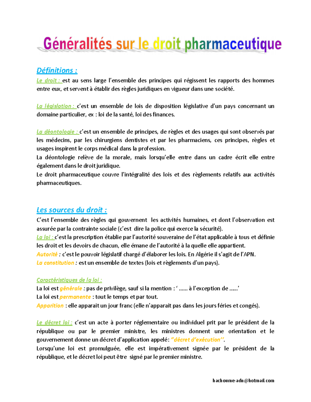 Généralités sur le droit pharmaceutique hachoumeadnhotmail