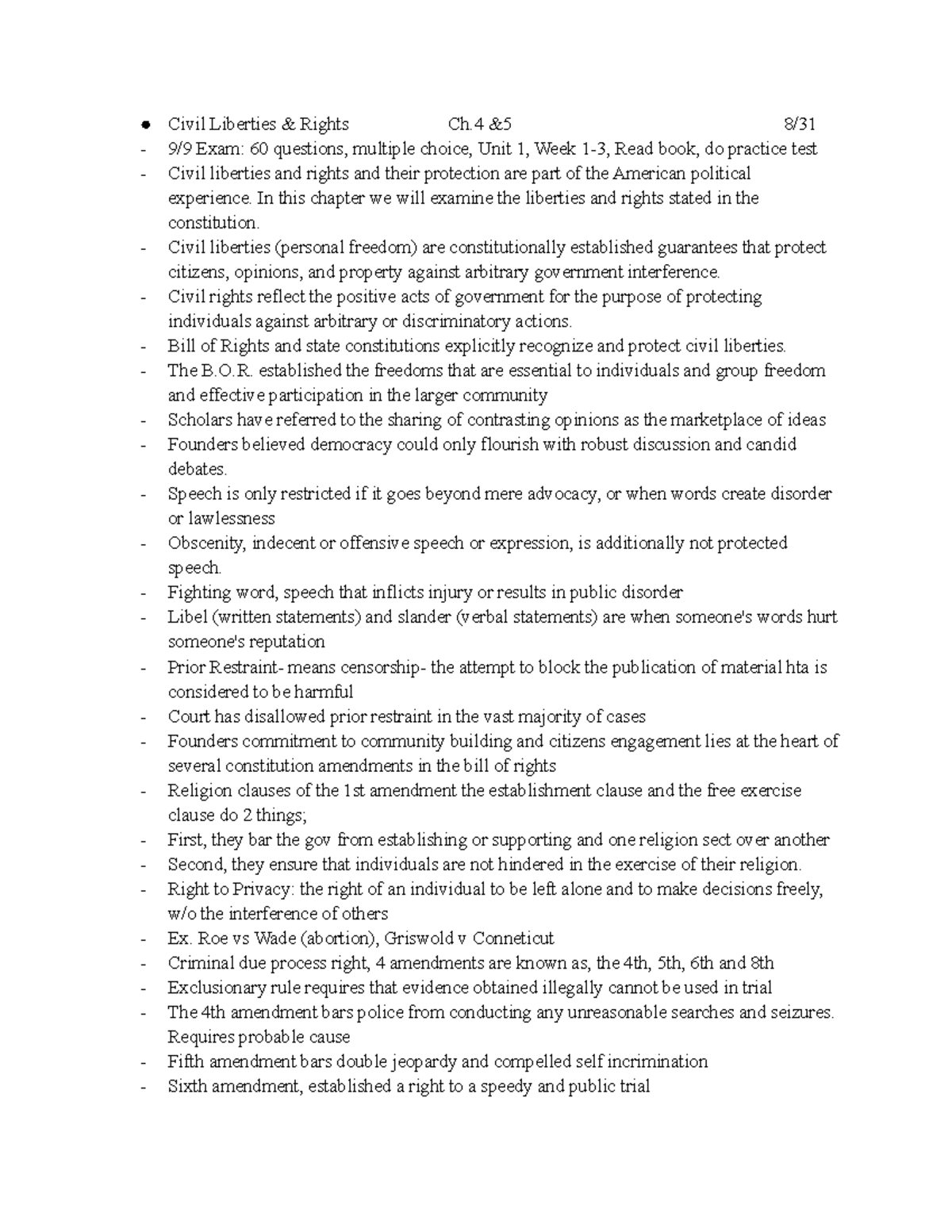 American Gov Lecture #4 5 - Civil Liberties & Rights Ch &5 8/ 9/9 Exam ...