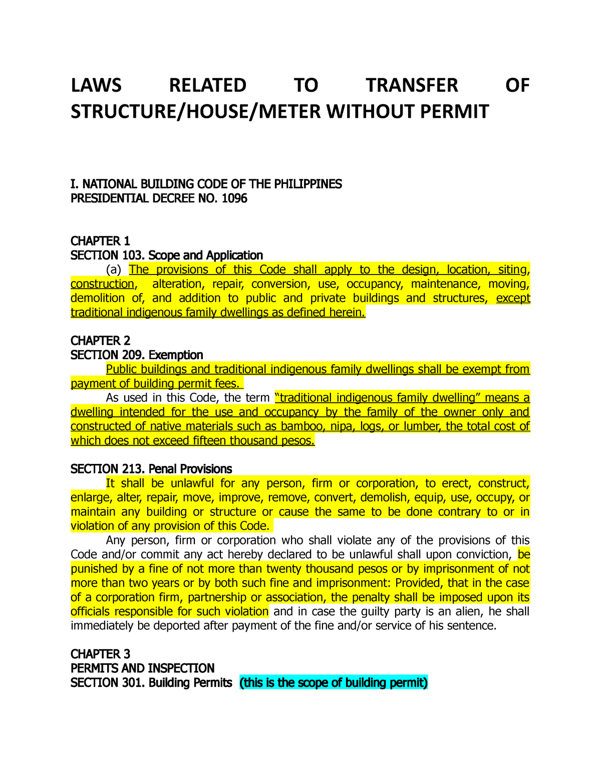 LAWS Related TO Transfer OF Structure National Building Code LAWS