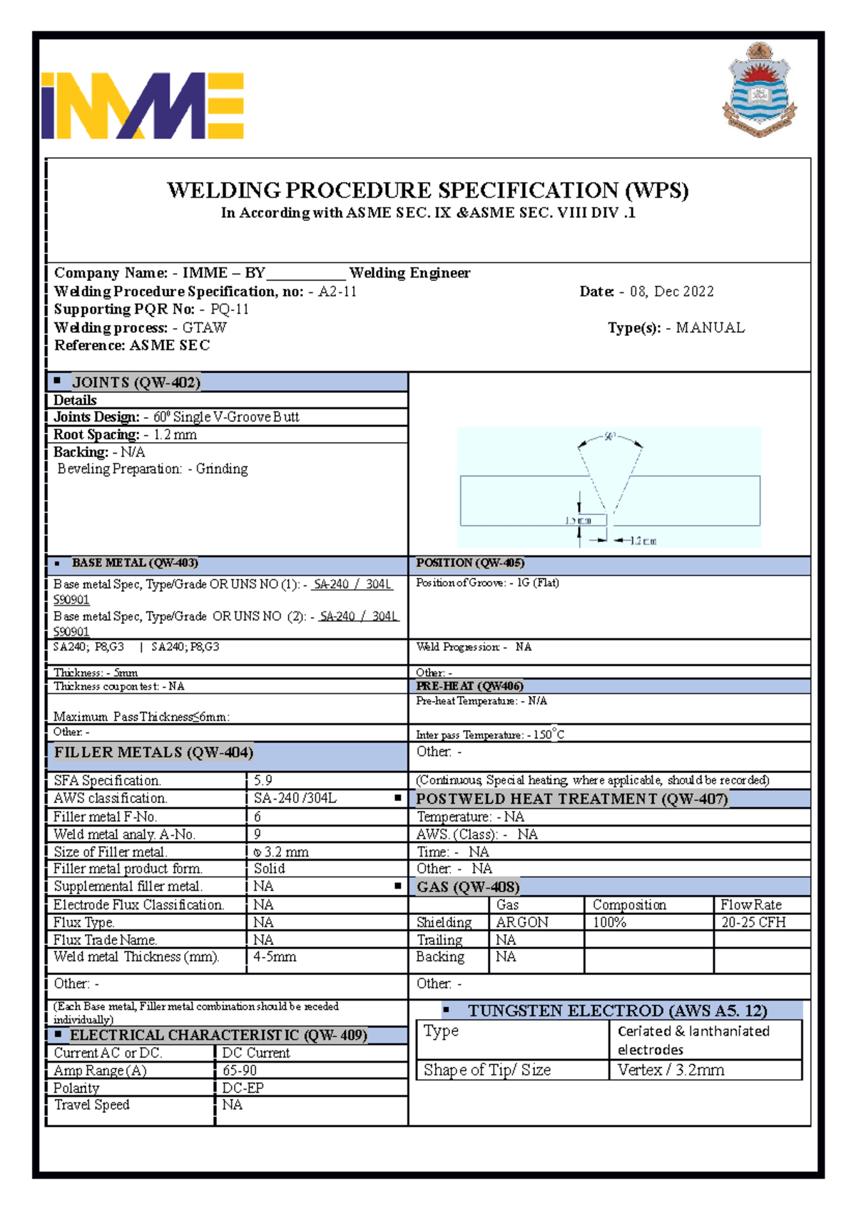 WPS GTAW - WELDING PROCEDURE SPECIFICATION (WPS) In According with ASME ...