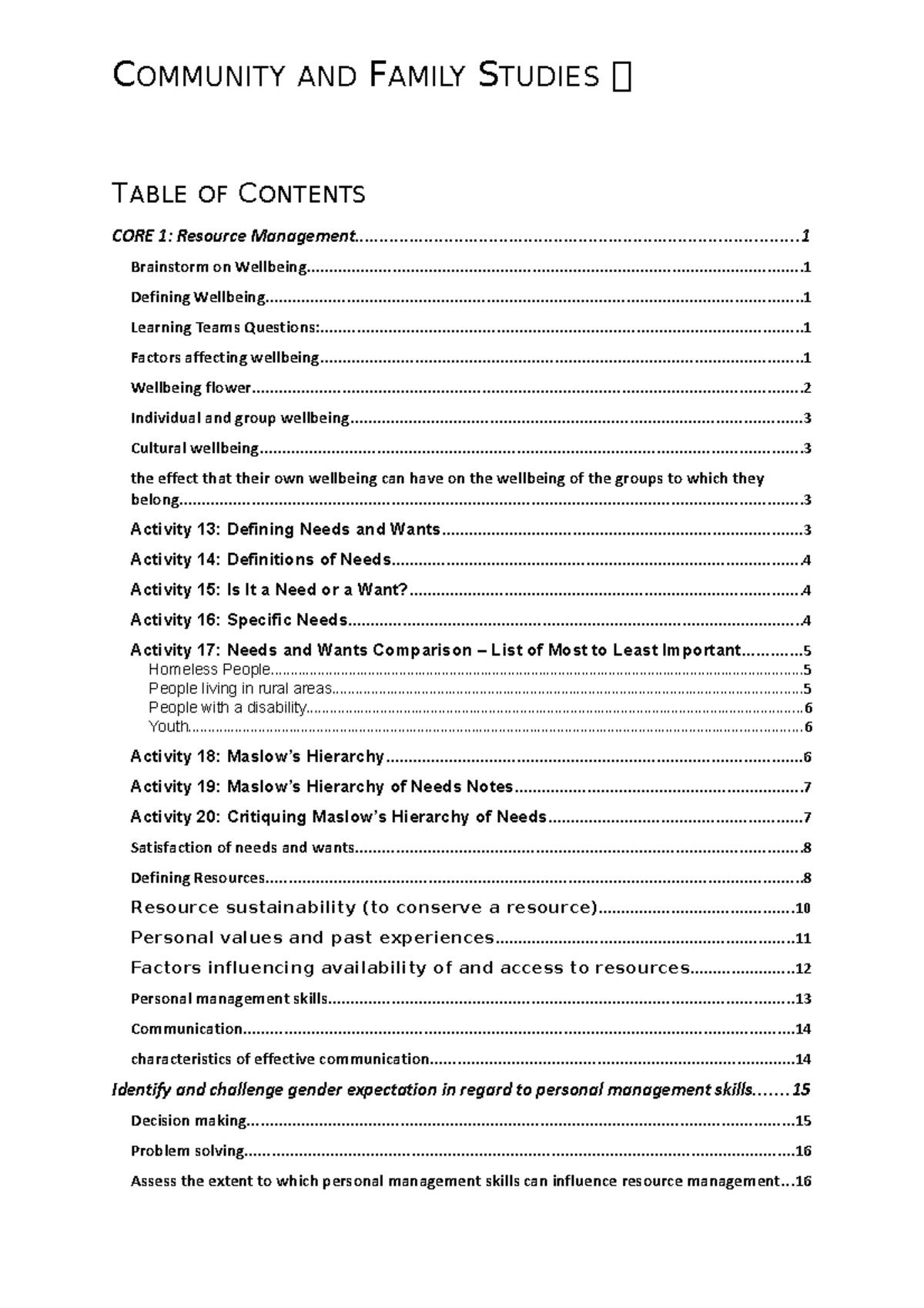 CORE 1 - Study Notes For Core 1 Of Year 11 Cafs - TABLE OF CONTENTS ...