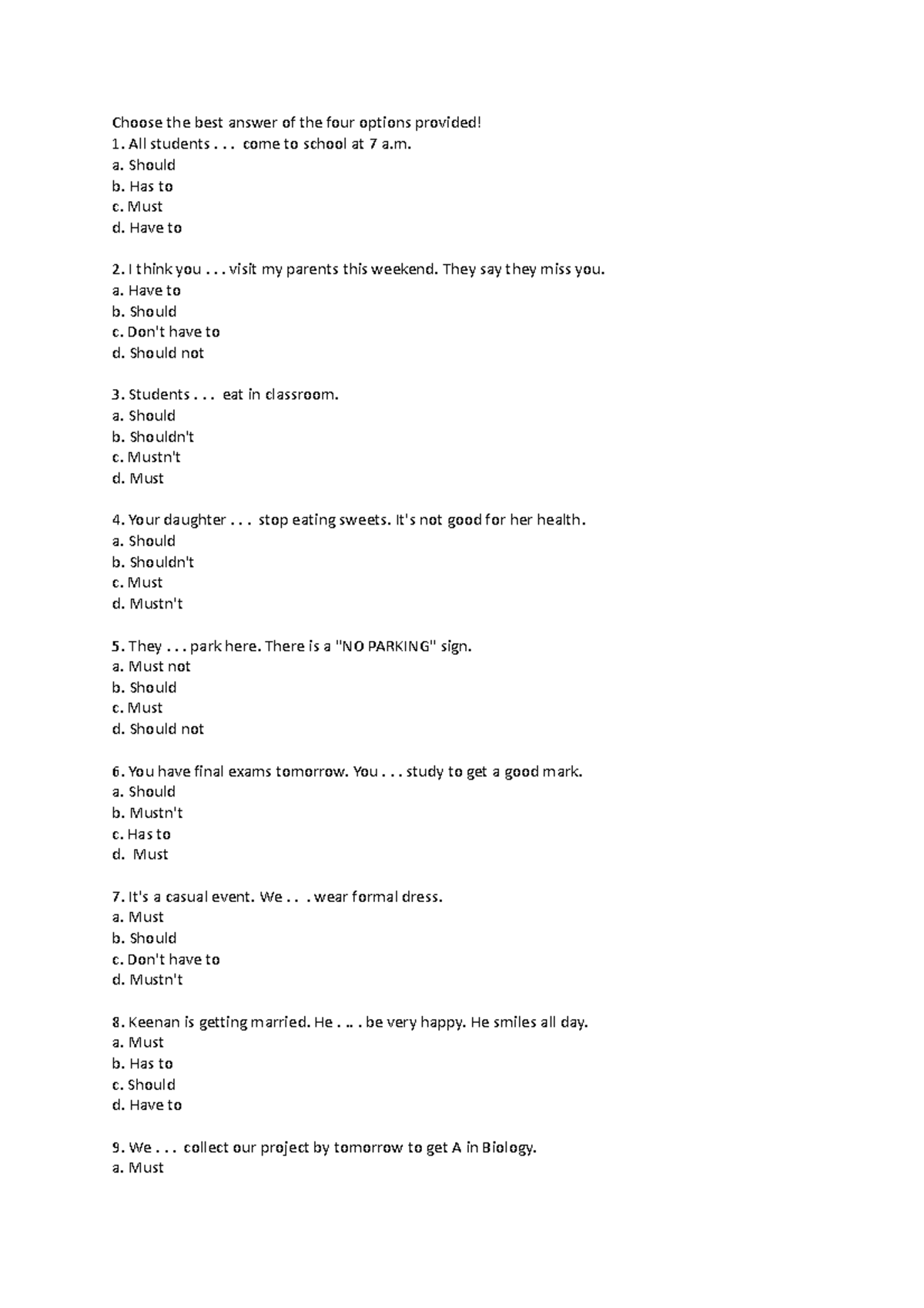 SOAL Chapter 3 MUST, Should , Suggestion AND Obligation - Choose the ...