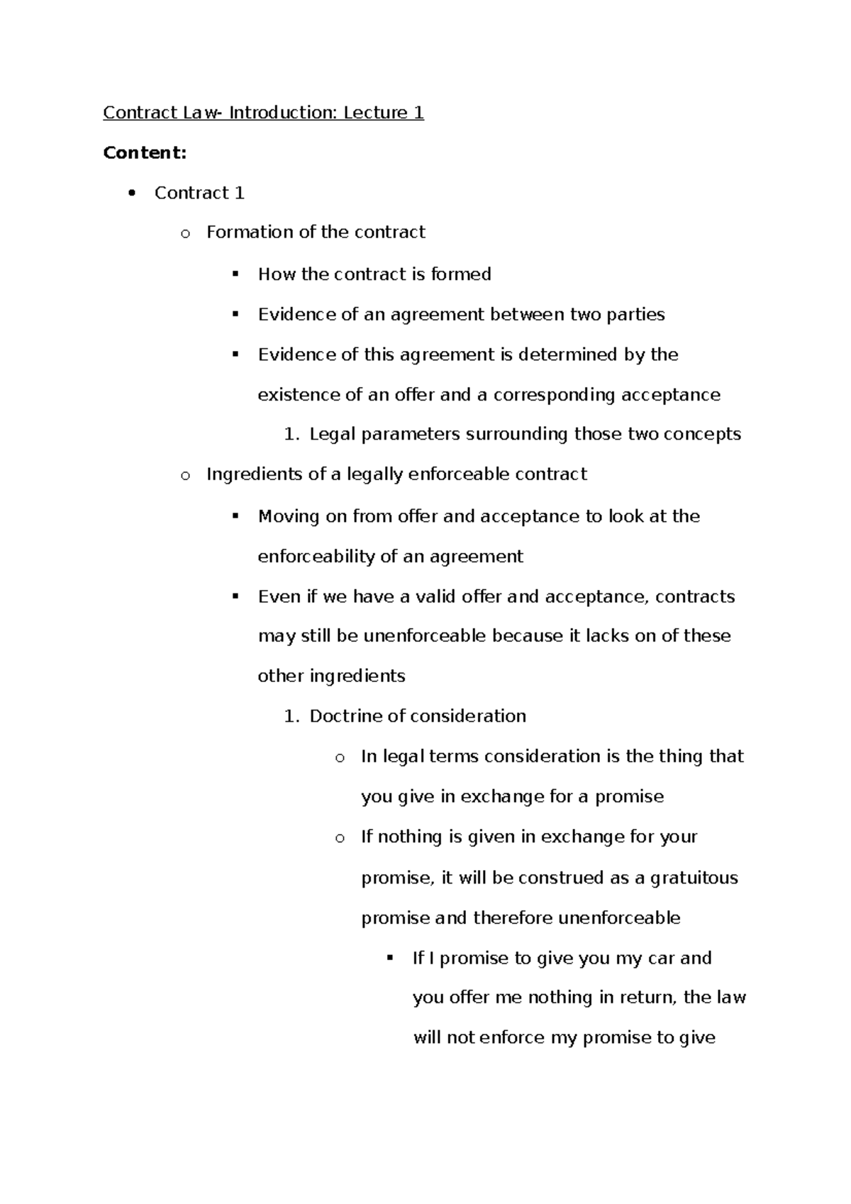 Contract Lecture Notes- Week 1 - Contract Law- Introduction: Lecture 1 ...