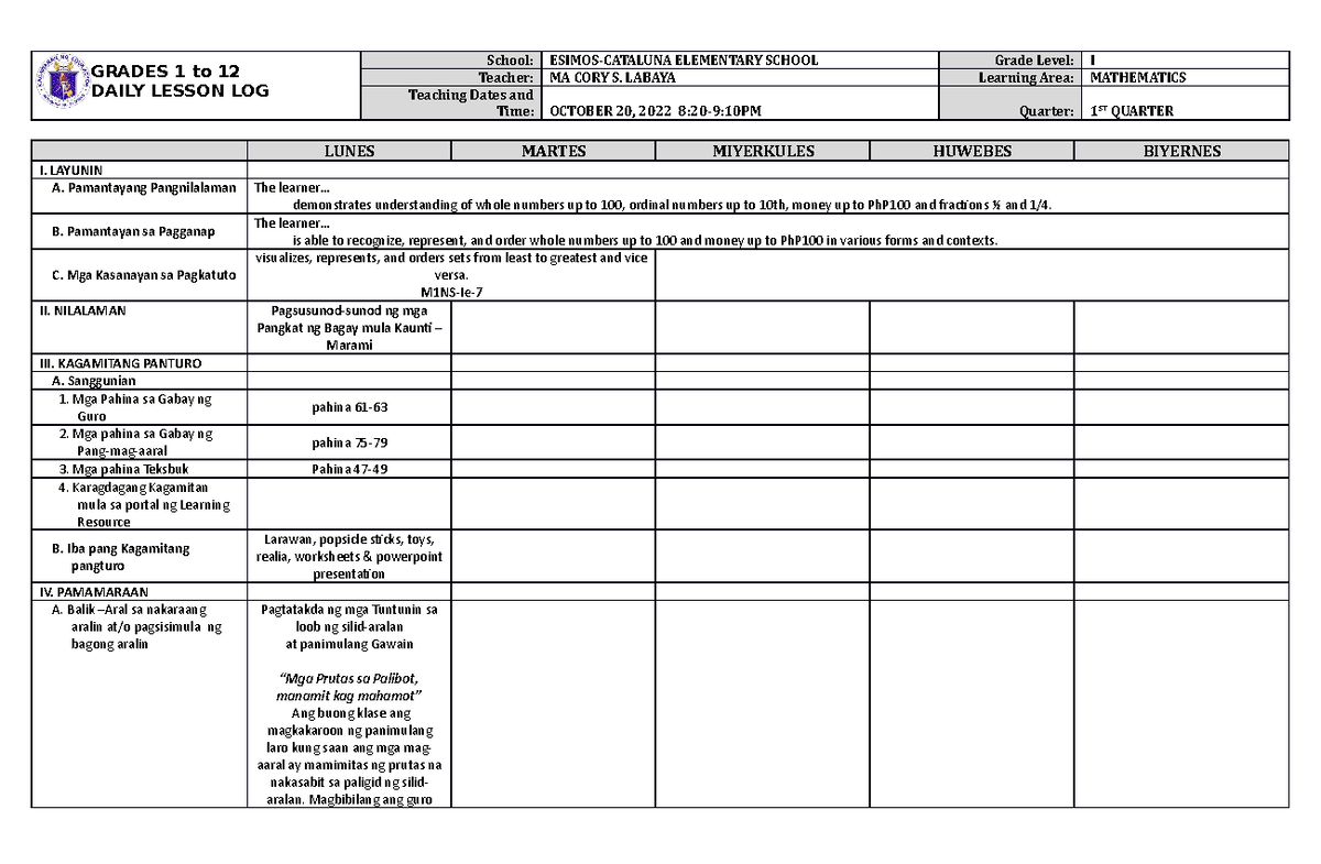 Labaya Cot1 Dll Mathematics 1 Q1 W5 - Grades 1 To 12 Daily Lesson Log 