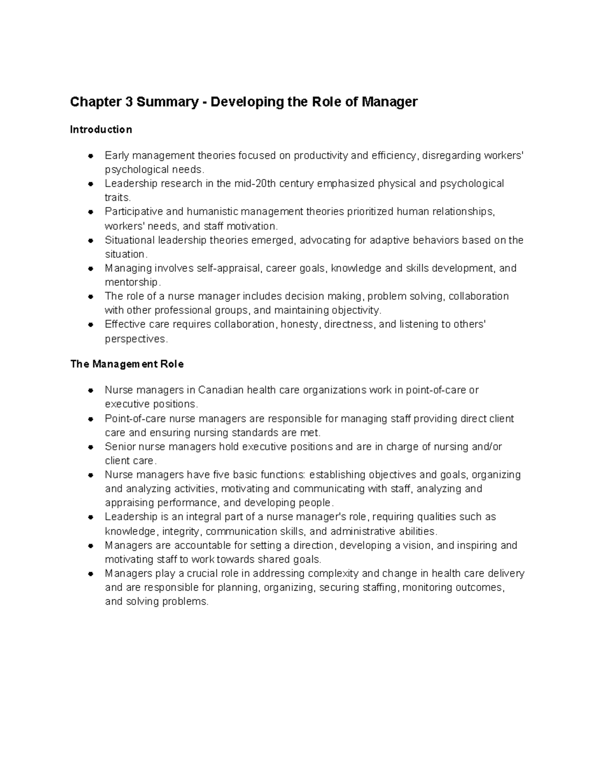 Chapter 3 Summary - Chapter 3 Summary - Developing the Role of Manager ...