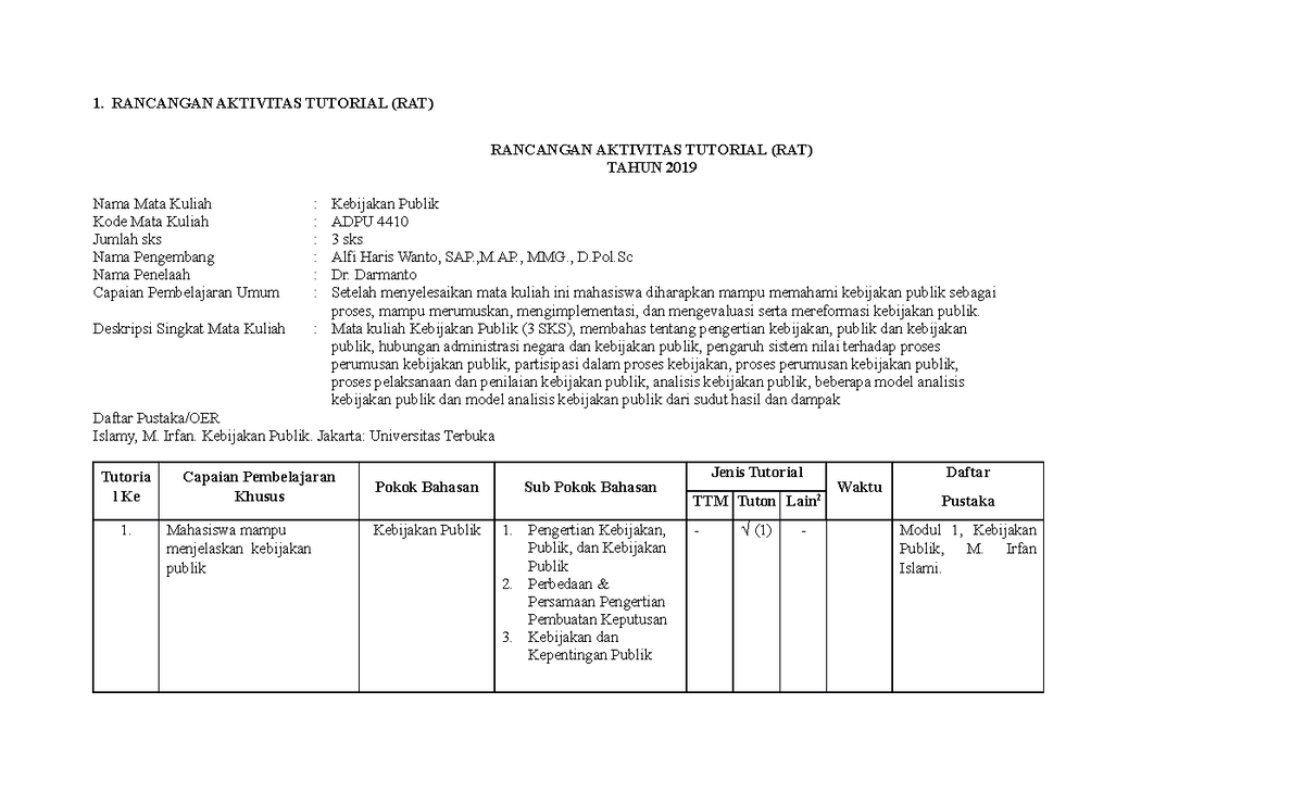 Rancangan Aktivitas Tutorial 99 - 1. RANCANGAN AKTIVITAS TUTORIAL (RAT ...