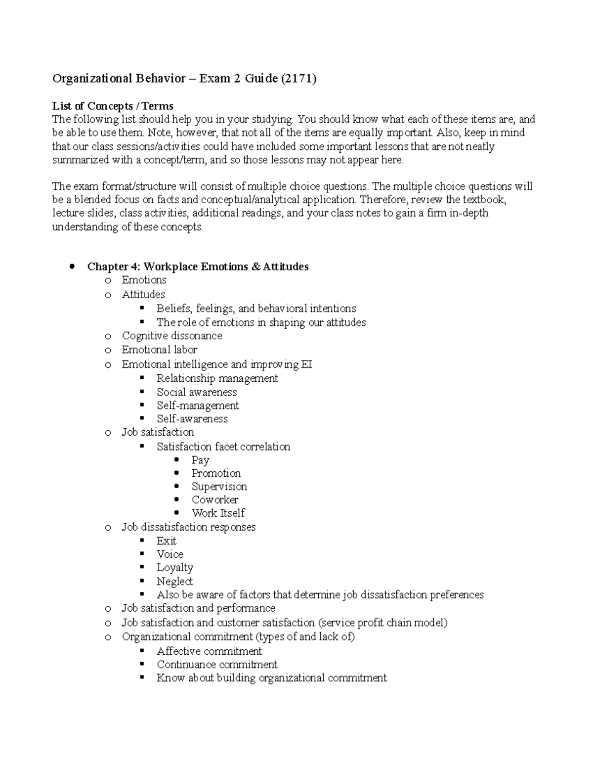 Exam 2 Study Guide 2171 - Organizational Behavior – Exam 2 Guide (2171 ...