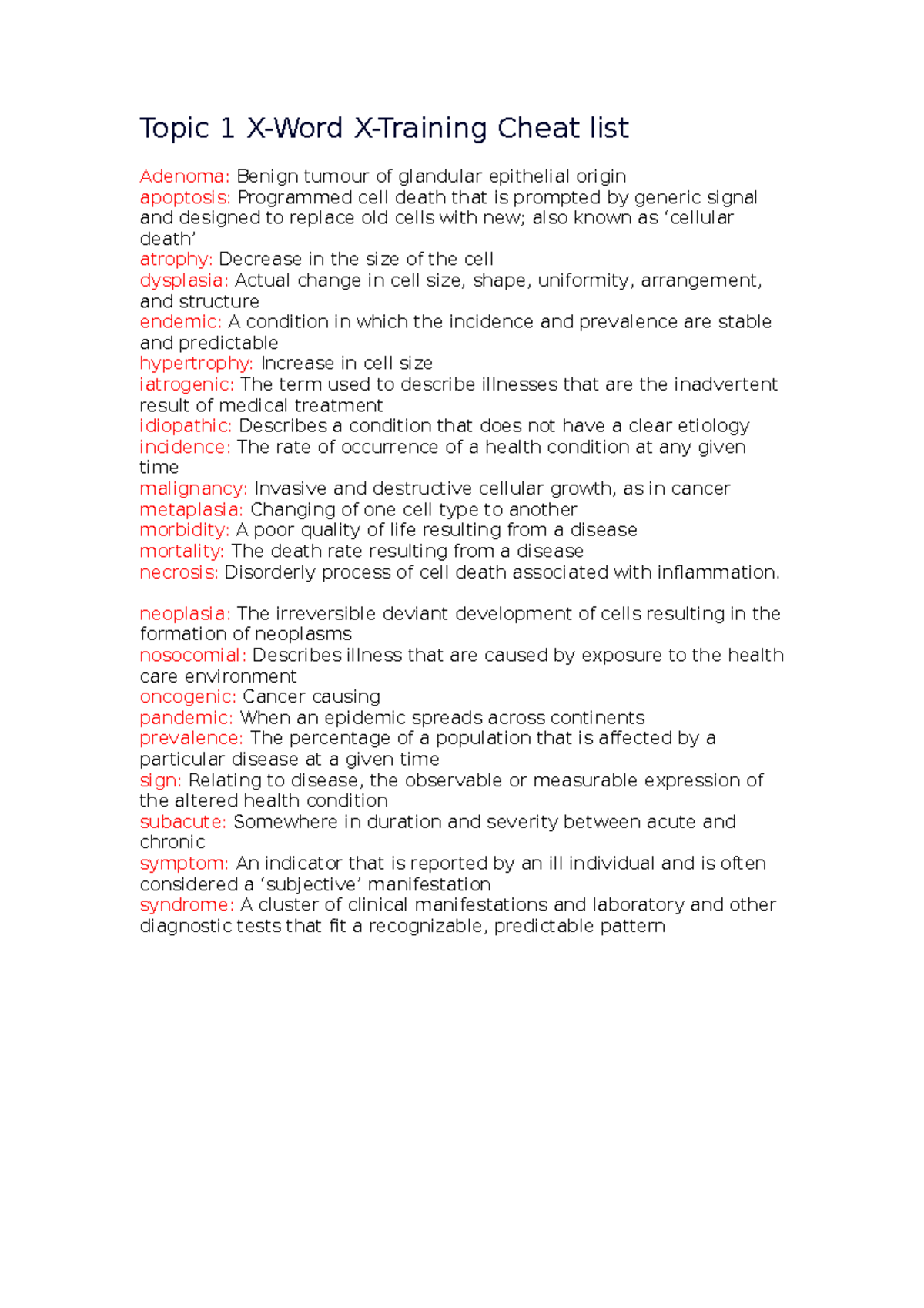 Terminology cheat sheet Adenoma Benign tumour of glandular