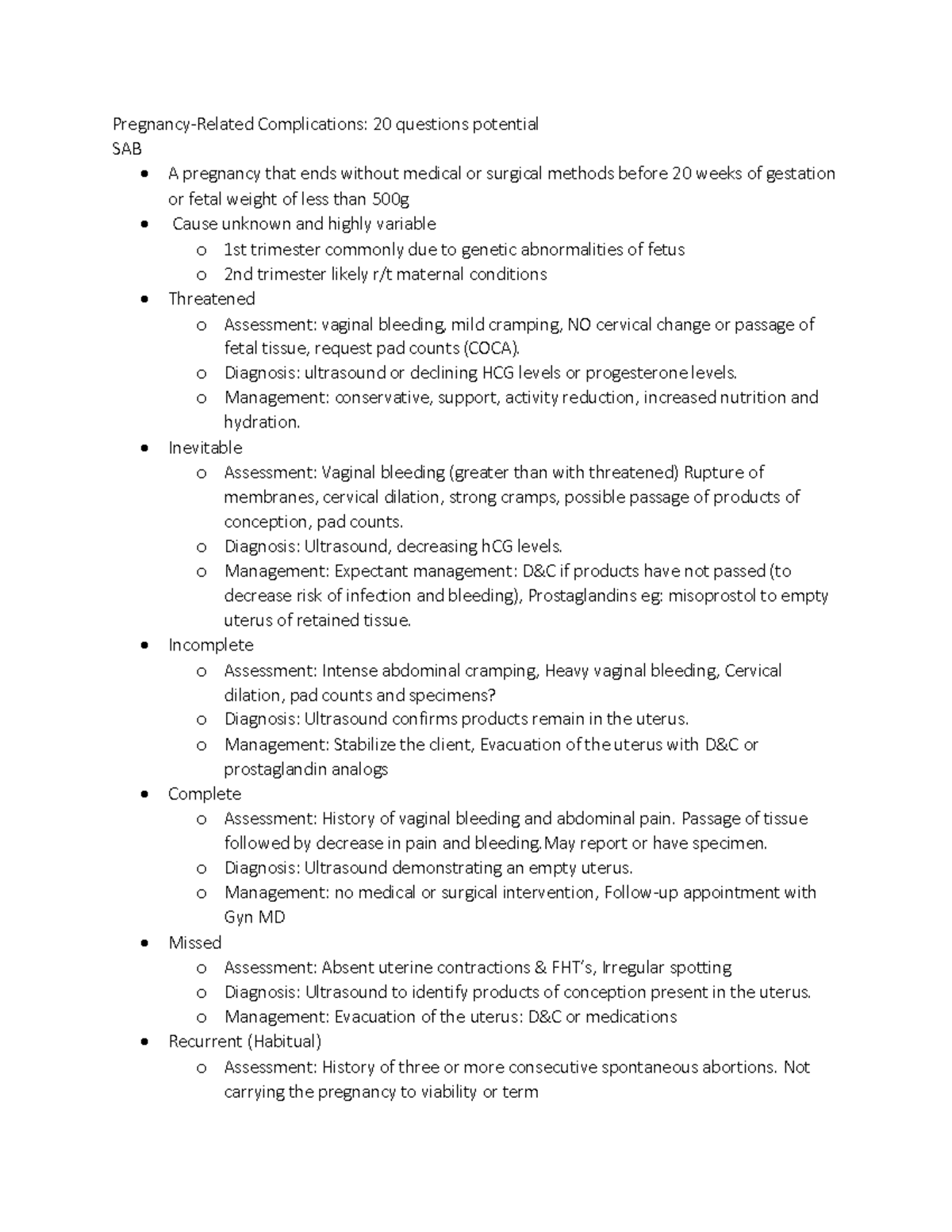 OB 4 notes PregnancyRelated Complications 20 questions potential