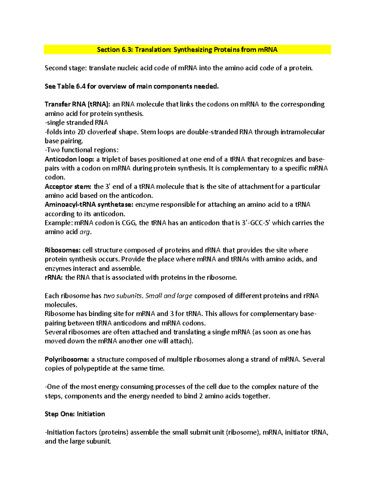 Section 6.3 Translation - Section 6: Translation: Synthesizing Proteins ...