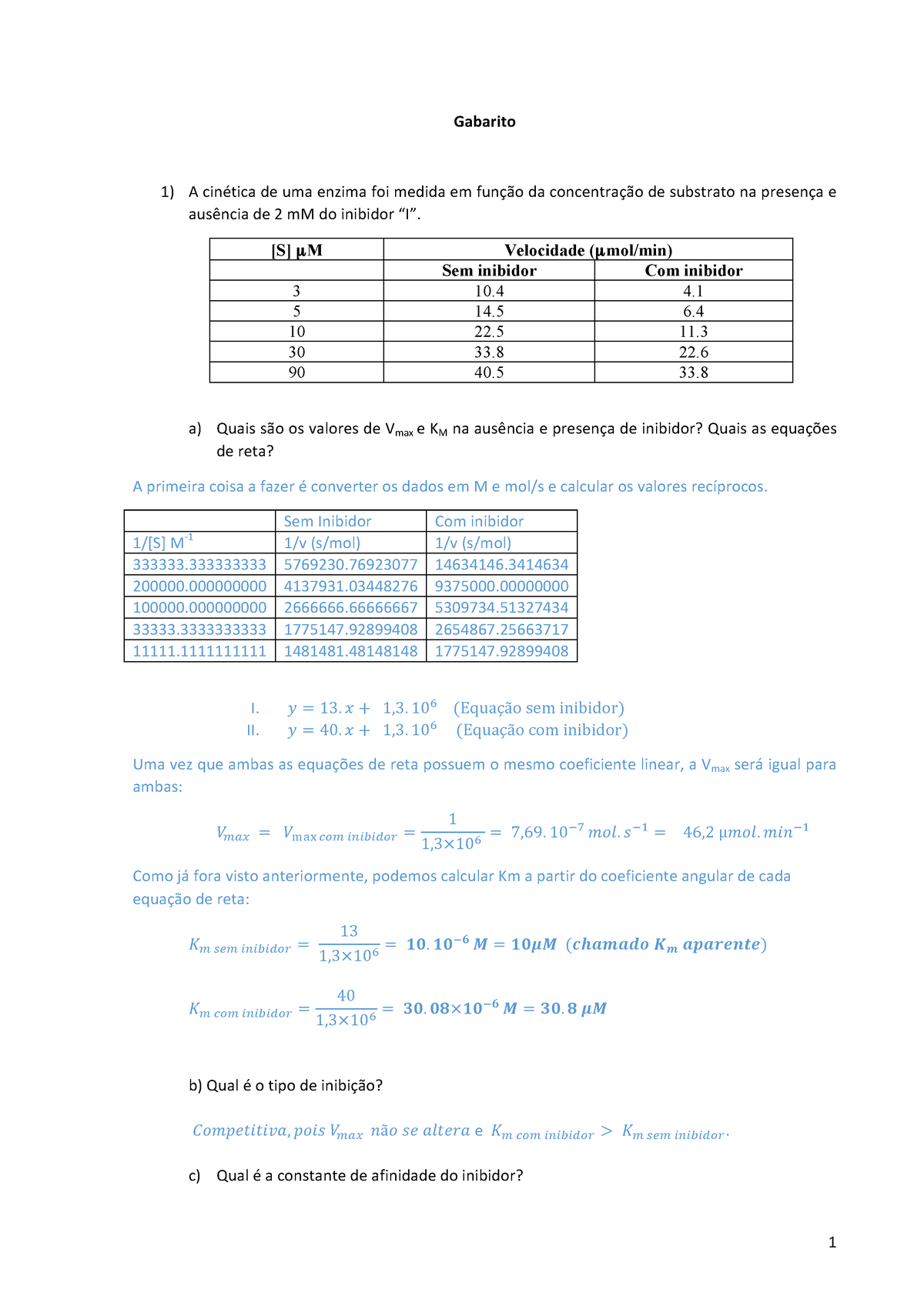 Gabarito Exercicios De Cinetica 2 Gabarito A Cinética De Uma Enzima Foi Medida Em Função Da