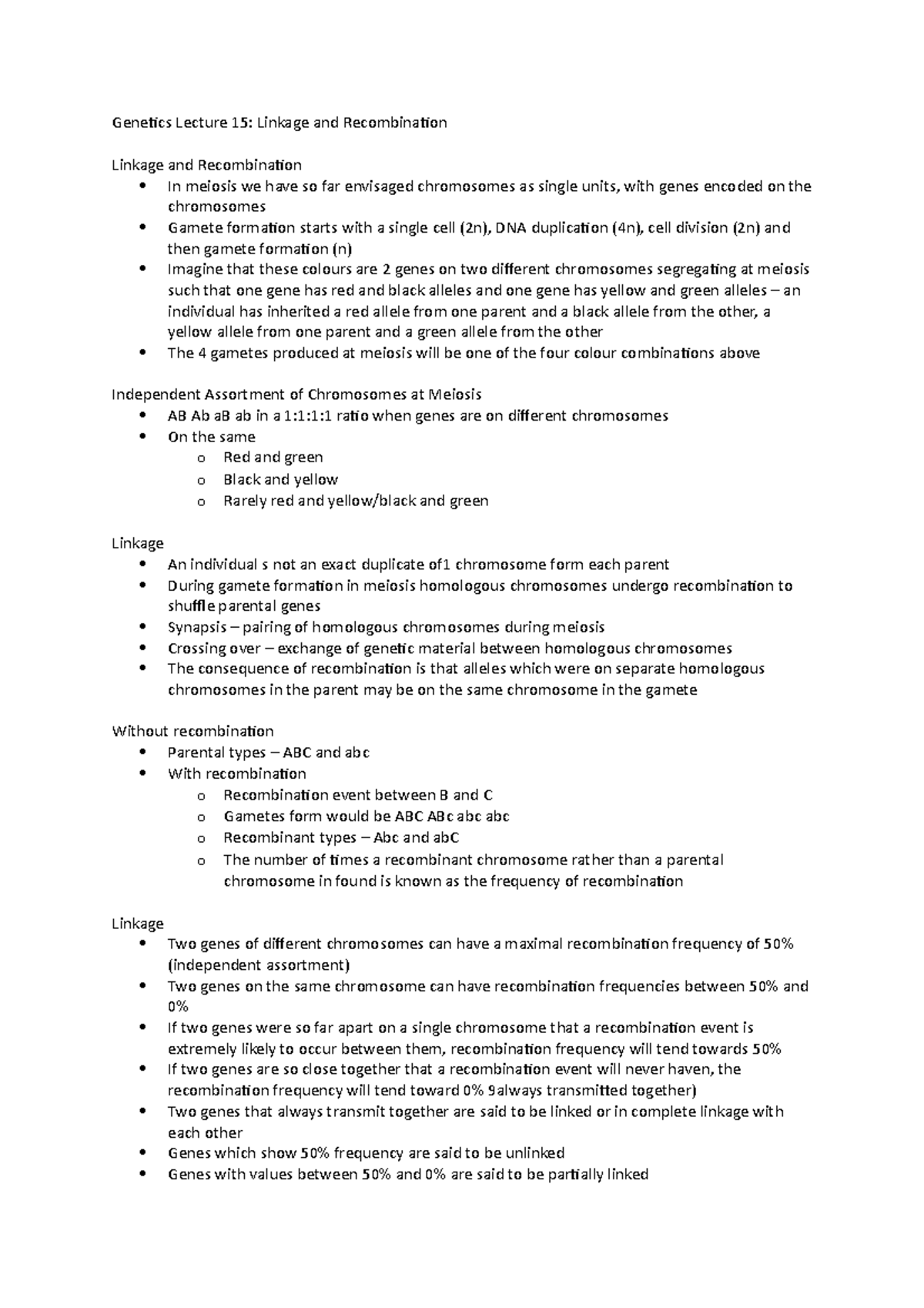 Lecture 15 Notes - Linkage and Recombination - Genetics Lecture 15 ...