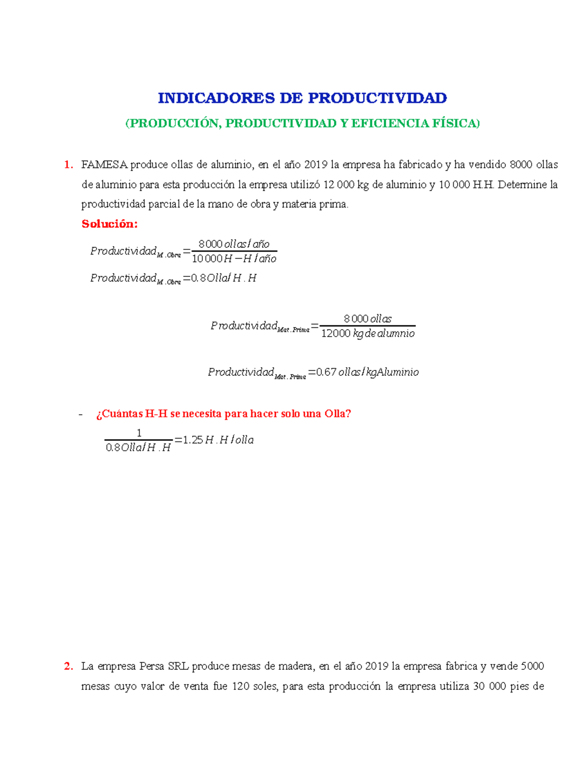 Solucionario DE Productividad - INDICADORES DE PRODUCTIVIDAD ...