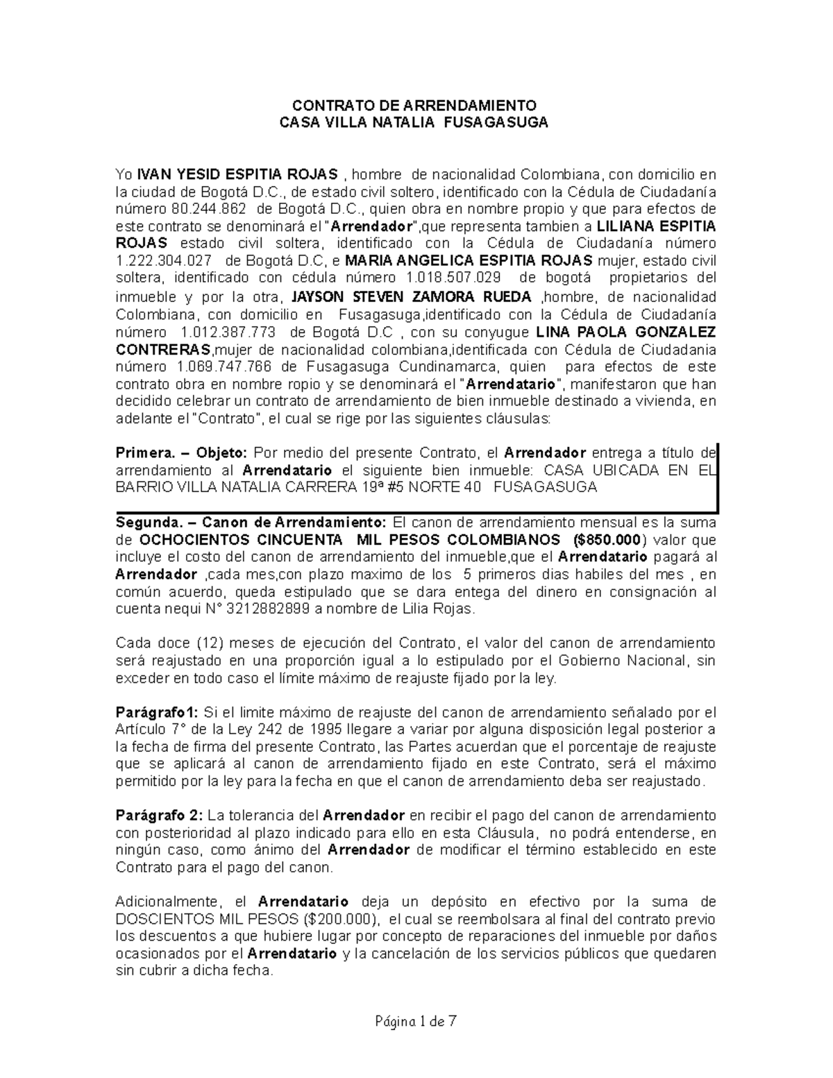 Contrato DE Arrendamiento Villa Natalia CONTRATO DE ARRENDAMIENTO