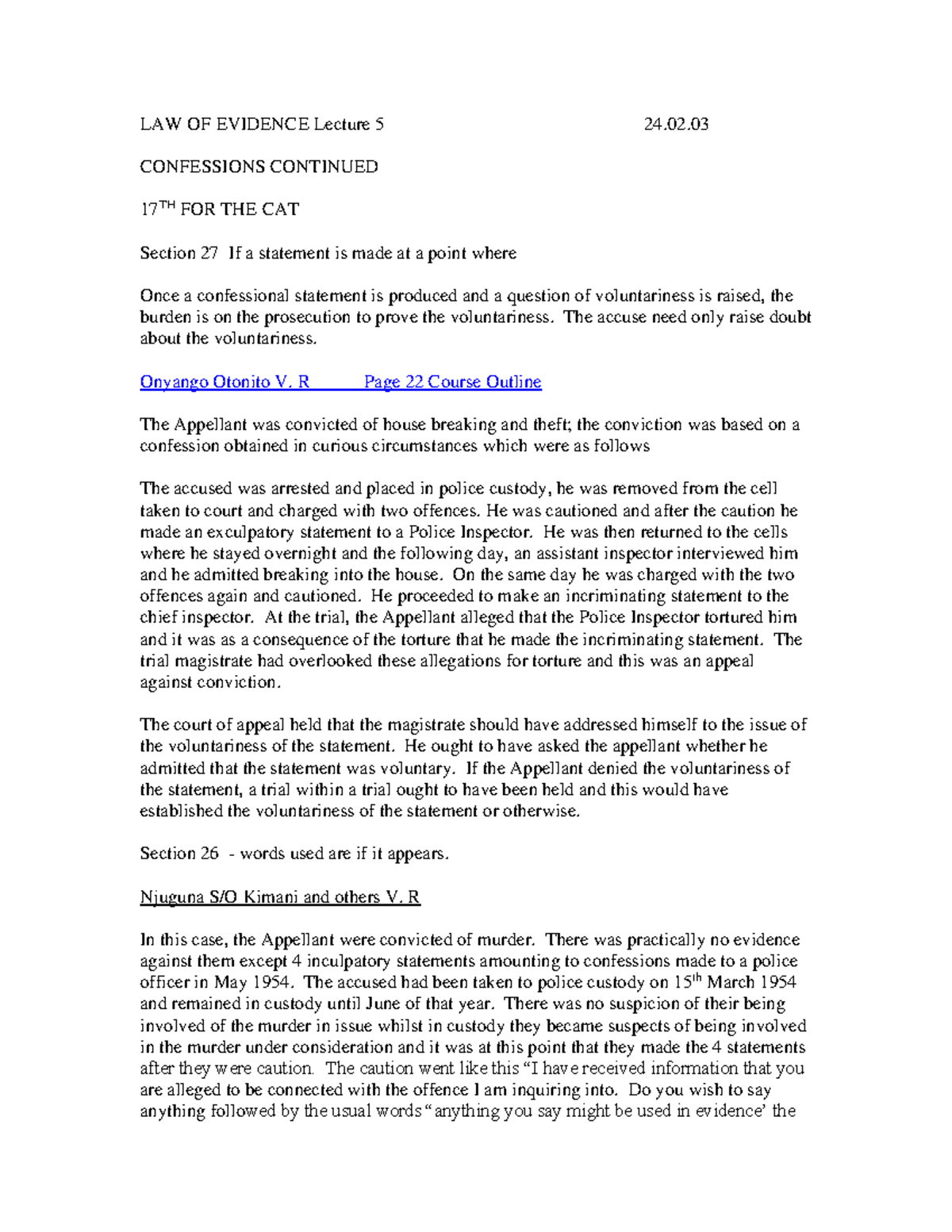 Confession - LAW OF EVIDENCE Lecture 5 24. CONFESSIONS CONTINUED 17 TH ...