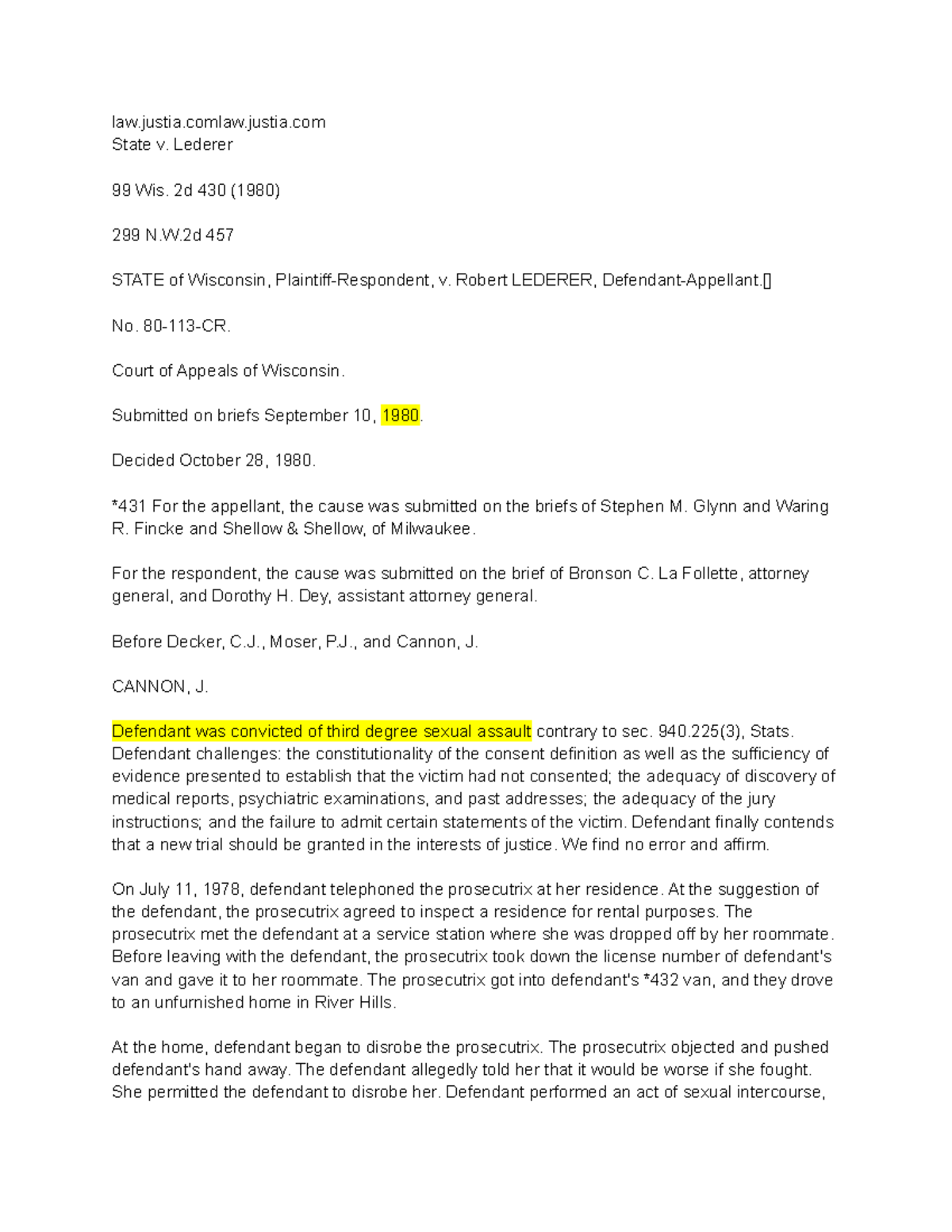 State v Lederer Pivotal cases State v