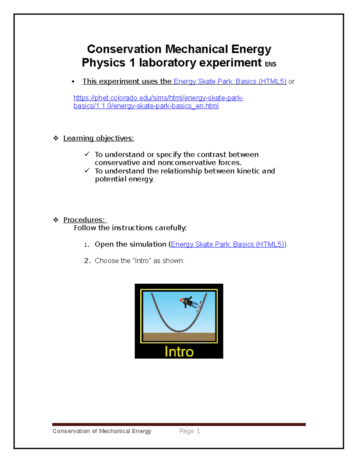 conservation of mechanical energy physics 1 laboratory experiment