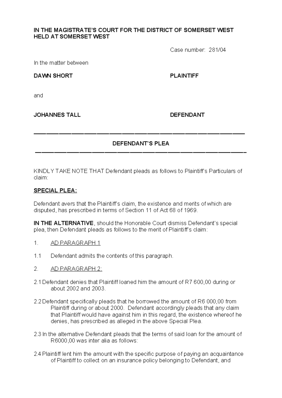 Plea - Plea - IN THE MAGISTRATE’S COURT FOR THE DISTRICT OF SOMERSET ...