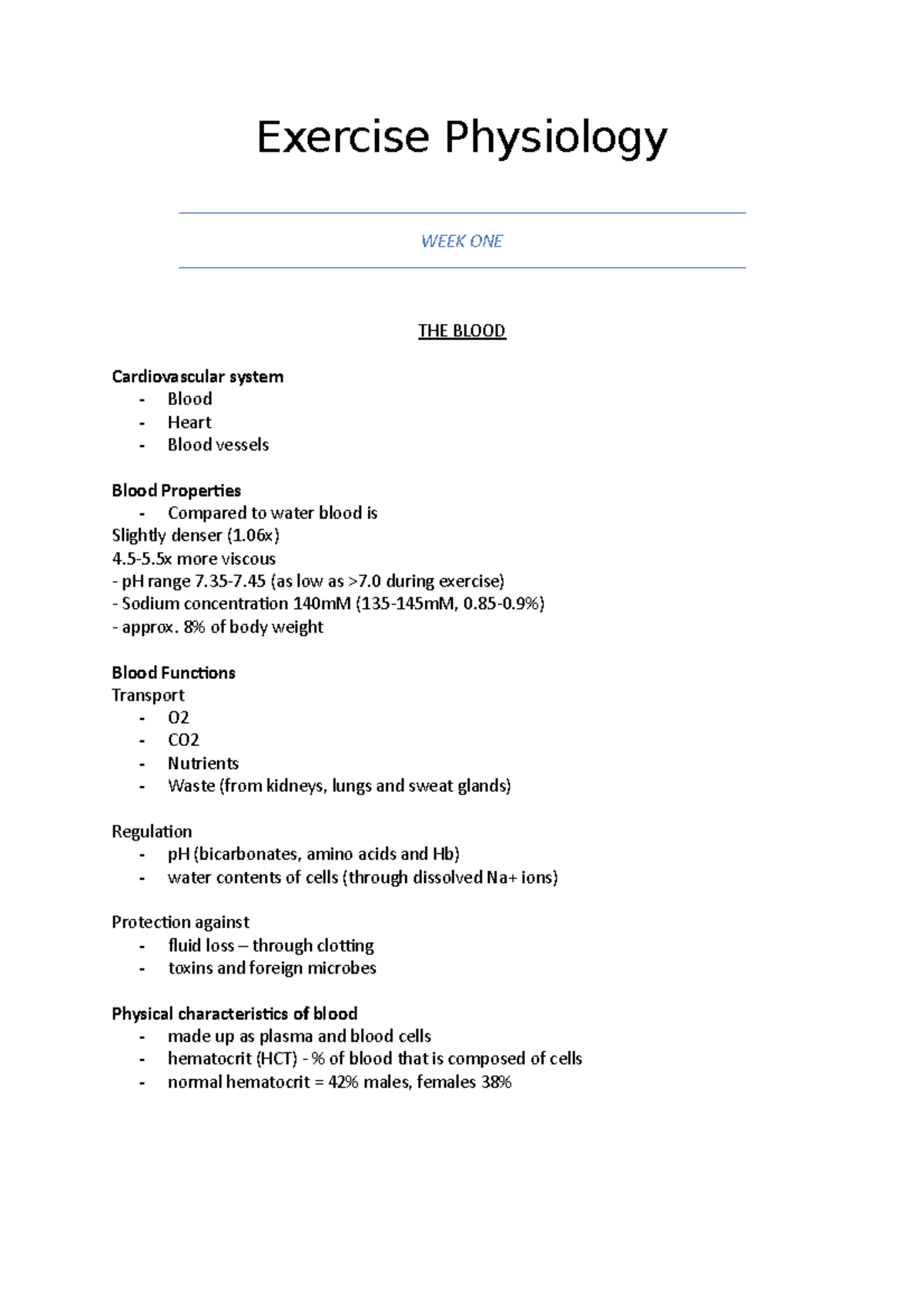 Exercise Physiology - Lecture Notes All - Exercise Physiology Week One 